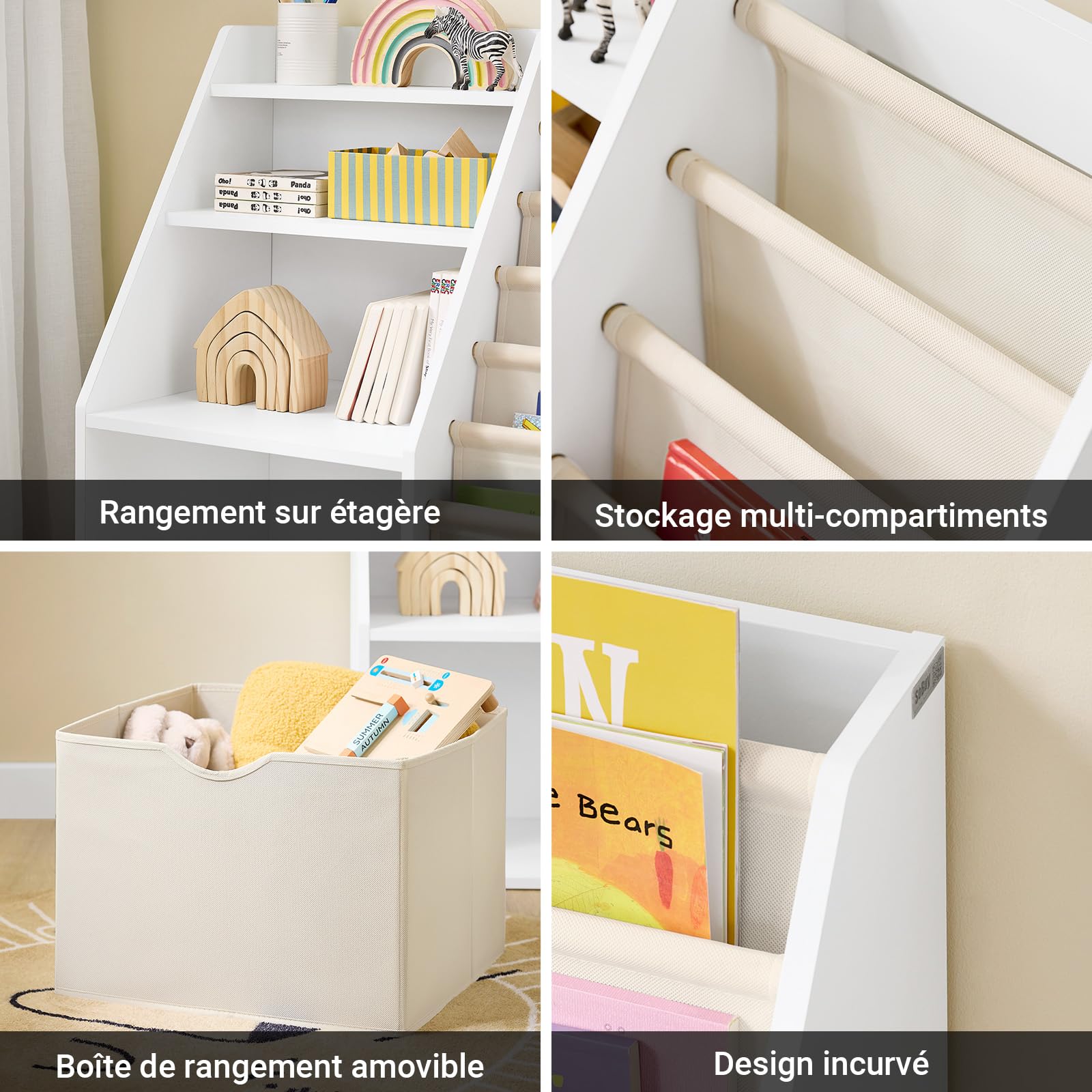 SoBuy Bibliotheque Enfant 3 Niveaux Bibliothèque Montessori avec Rangement Jouet et Paniers Tissu Meuble Chambre Enfant Etagere Chambre Blanc 80x40x80cm KMB119-W