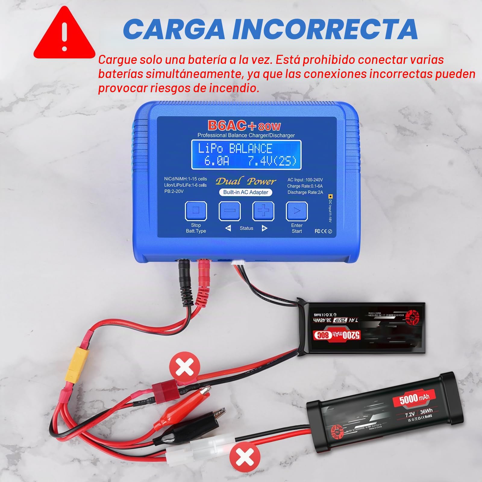 Lipo - Cargador RC 80W 6A para LiPo/Li-Ion/Life/LiHV (1-6S), NiMH/NiCd(1-15S), PB (2-20V), RC Balance Charger con XT60/T Plug/Tamiya/EC5/Cocodrilo Clip