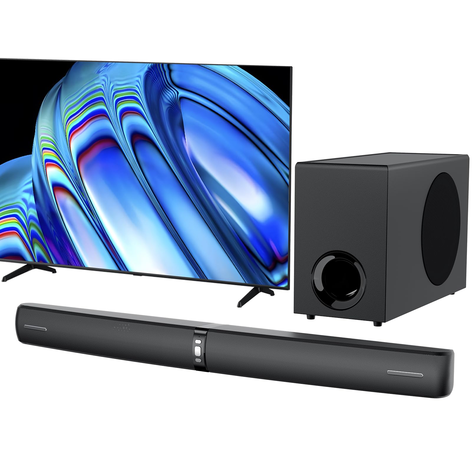 2.1CH Sound Bar with Subwoofer, 110W Home Theater Sound System, Bluetooth 5.3, ARC, Optical & AUX Connection, 3 EQ Modes, Adjustable Bass for TV, PC, Gaming and Projector