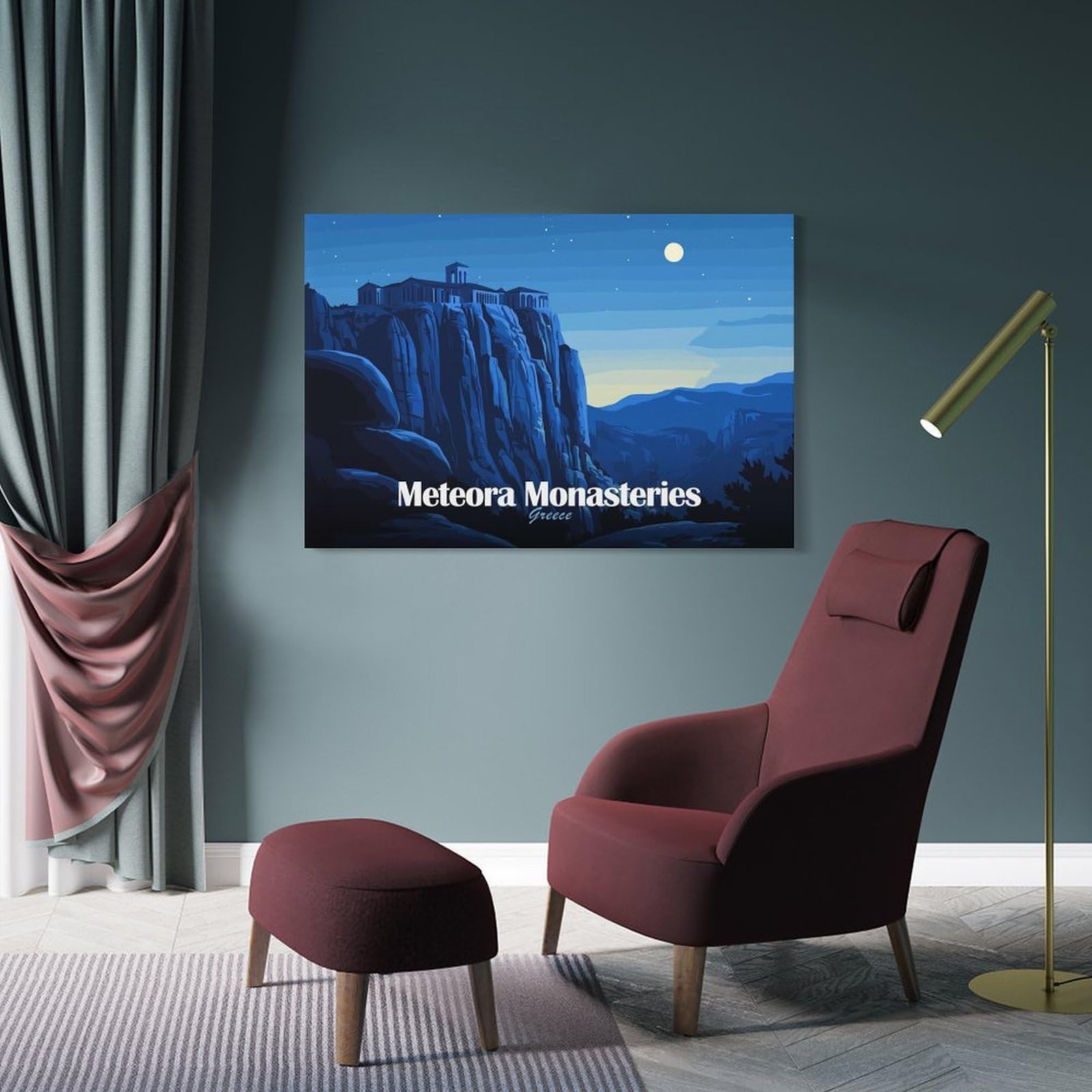 Junmoney Meteora Monasteries Greece Night Landscape Hanging Wall Art 20x30inch(50x75cm), for Restful Interiors, Bedrooms Or Small Rooms, Home Artwork with A Soft Interior Feel
