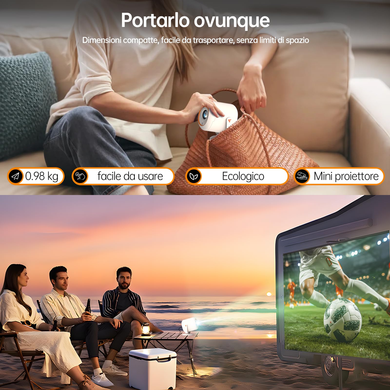 Proiettore con WiFi 6 e Bluetooth 5.4 Mini Proiettore Portatile Correzione trapezoidale automatica e Fuoco Elettrica 180° Rotation, 20.000 lumen, 1080P compatibile 4K, per Home Cinema/Outdoor/PS5
