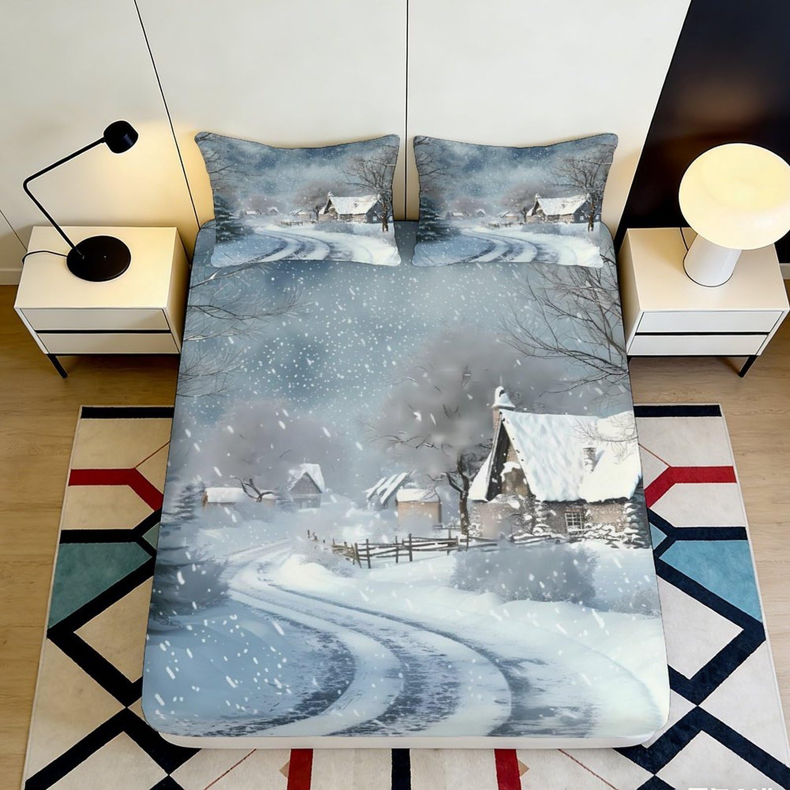 3D Printed Snow Village Fitted Sheet Microfiber Soft Winter Landscape Bed Cover for Bedroom Dorm Easy Care 90x200x25cm