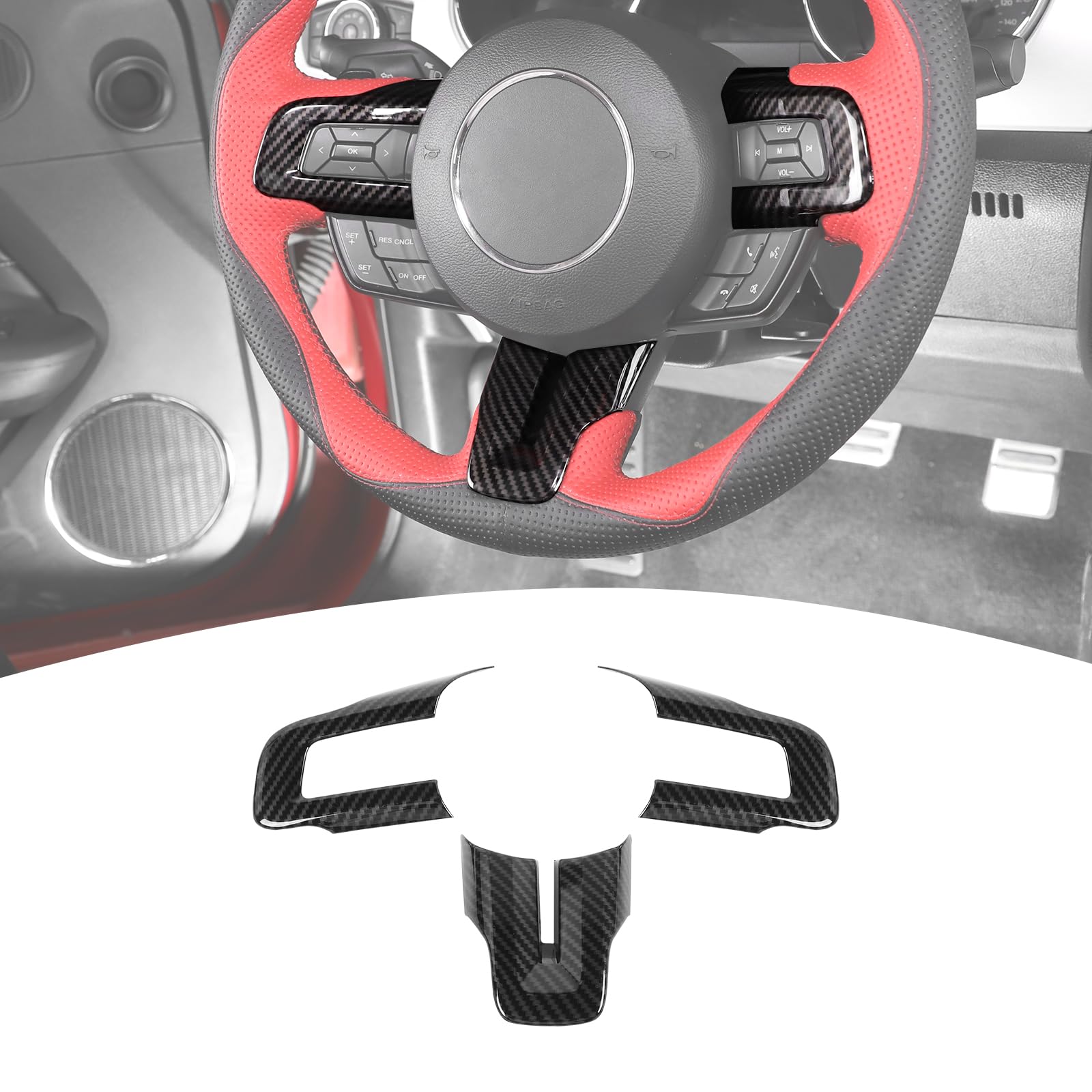 PDKLIN for Mustang Carbon Fiber Steering Wheel Trim Panel for 2015-2023 Ford Mustang Carbon Fiber Interior Accessories 3pcs