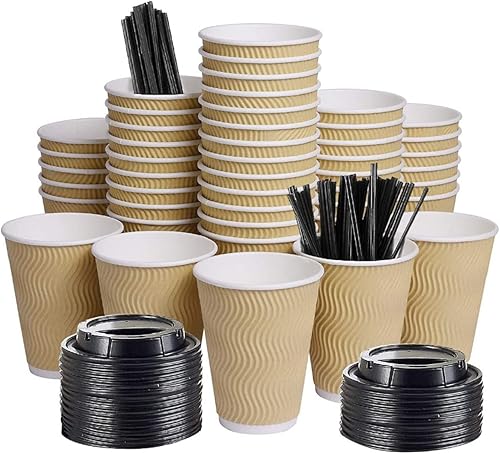 SPRINGPACK 100 paquetes de 12 onzas aisladas de papel kraft onduladas desechables para llevar tazas de café de papel para oficina, fiestas, hogar,