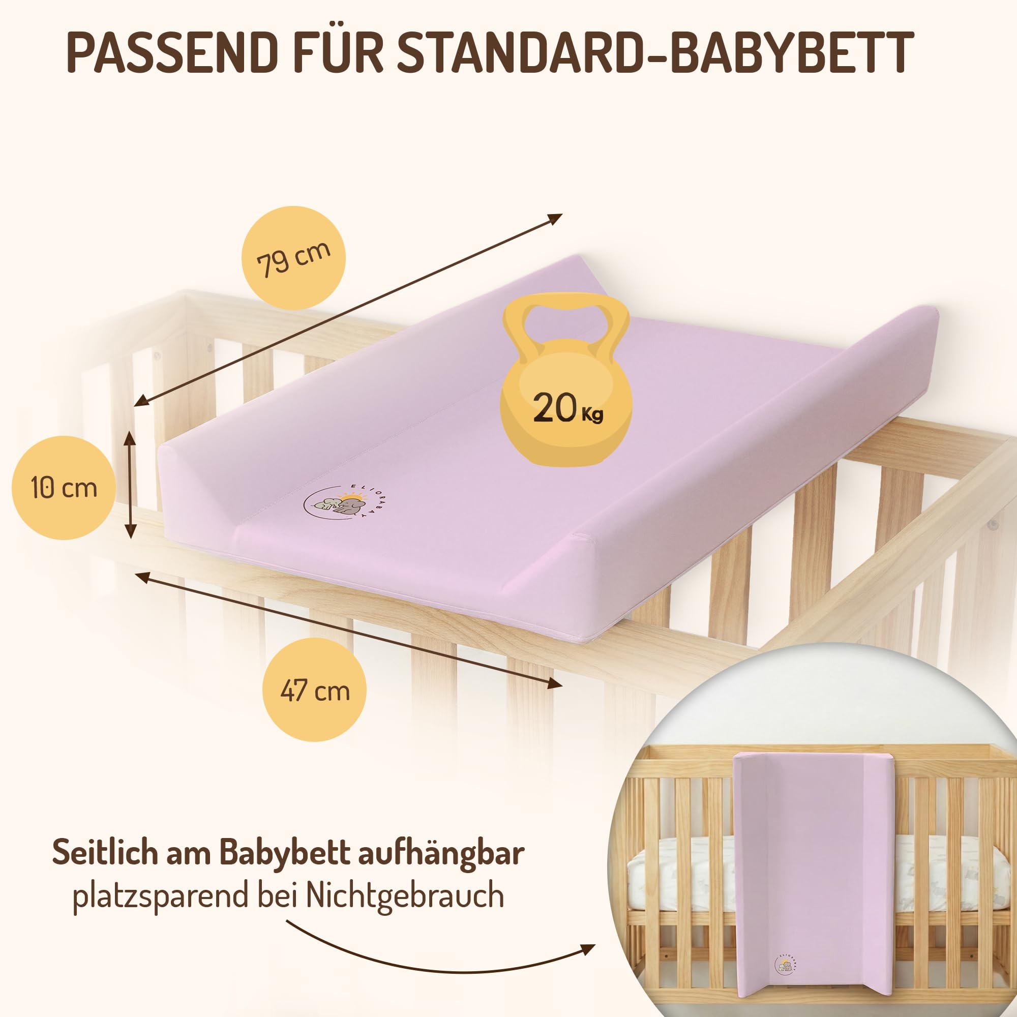 Wickelauflage Wickelplatte Wickeltisch Wickelbrett Wickelkommode 80×50×10 cm – robust, weich gepolstert & pflegeleicht – für Babybett, Kommode & unterwegs (rosa)