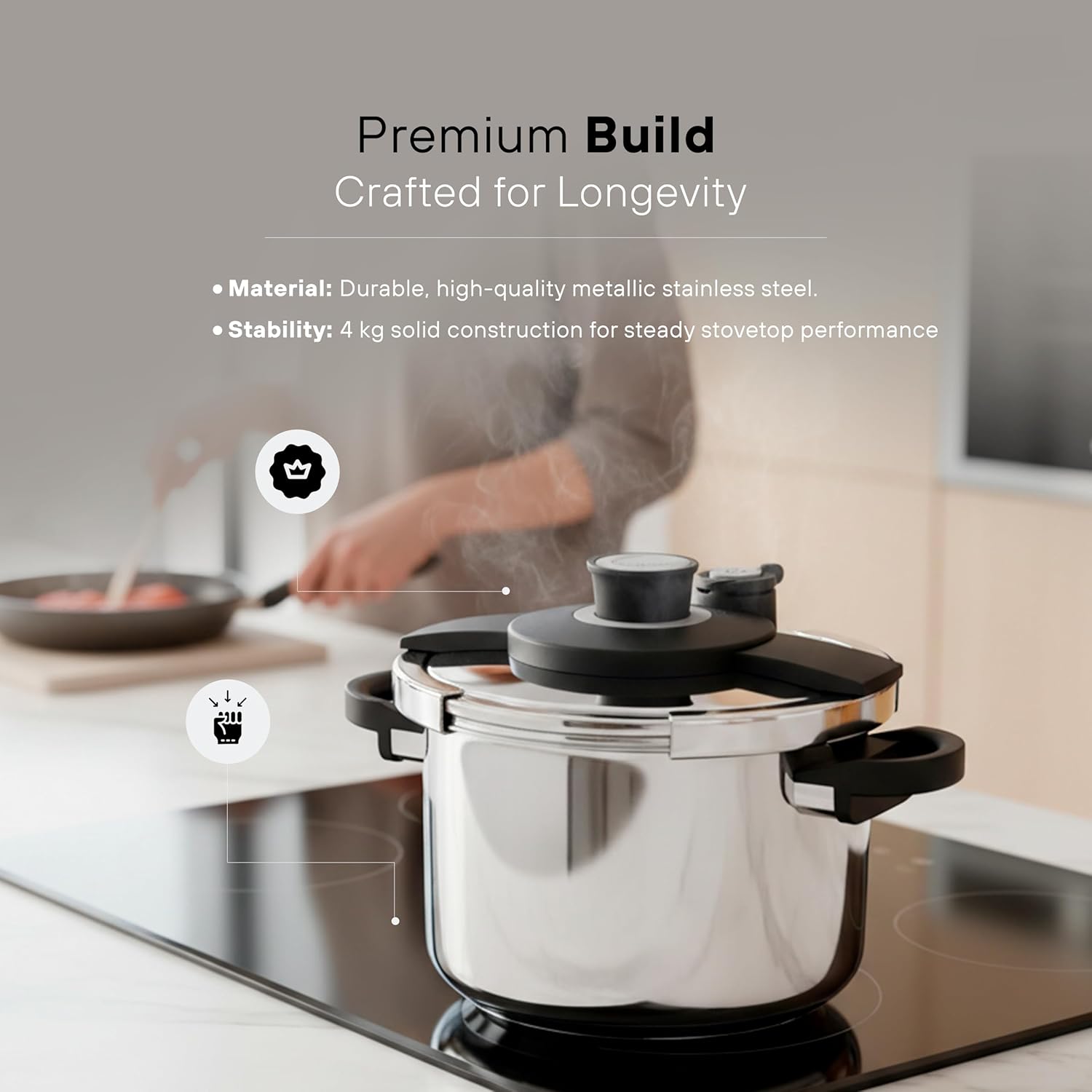 KOCHSTELLE Pressure Cooker Stainless Steel 8L for Home & Meal Prep | Pressure Cooker 8 qt with Advance Secure Lock System Lid, Ergonomic Handles, Pressure Pot | Compatible with Gas & Induction Stoves