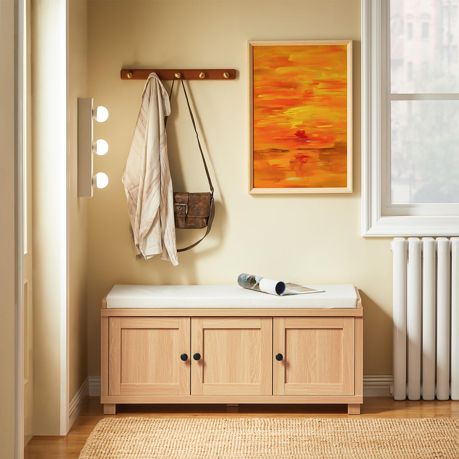 SoBuy Scarpiera Ingresso Panca Contenitore con Seduta Imbottita e 4 Scomparti - Legno Naturale per Casa Ingresso Camera da Letto, Capacità 225kg, Facile da Montare - 104x34x47cm, FSR188-N