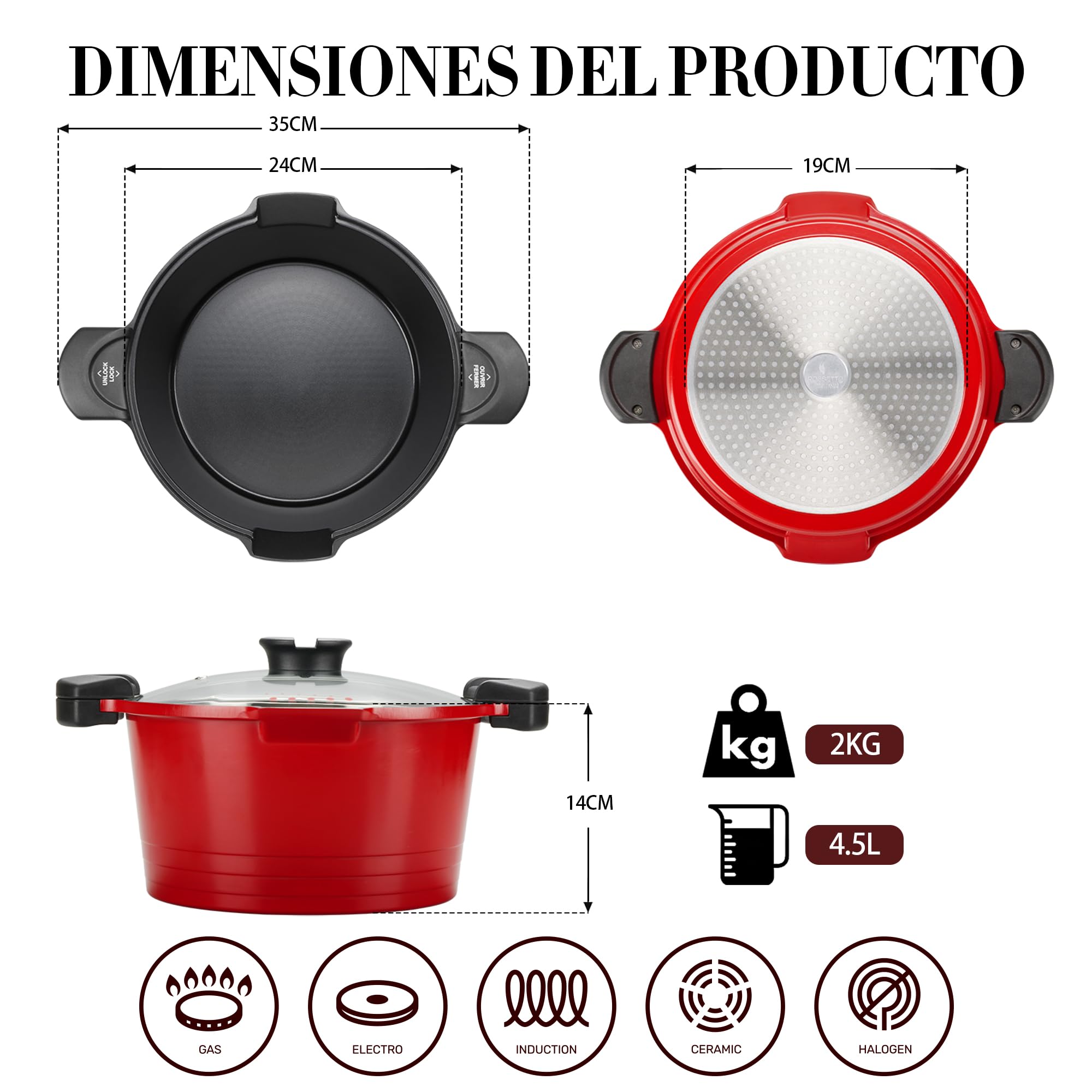 ROSSETTO Olla para pasta Tradicional 24 cm, Cesta, Tapa de Vidrio, Rojo | Cocción versátil con gran capacidad y cuerpo de aluminio fundido. Compatible con todo tipo de cocinas, incluida la inducción