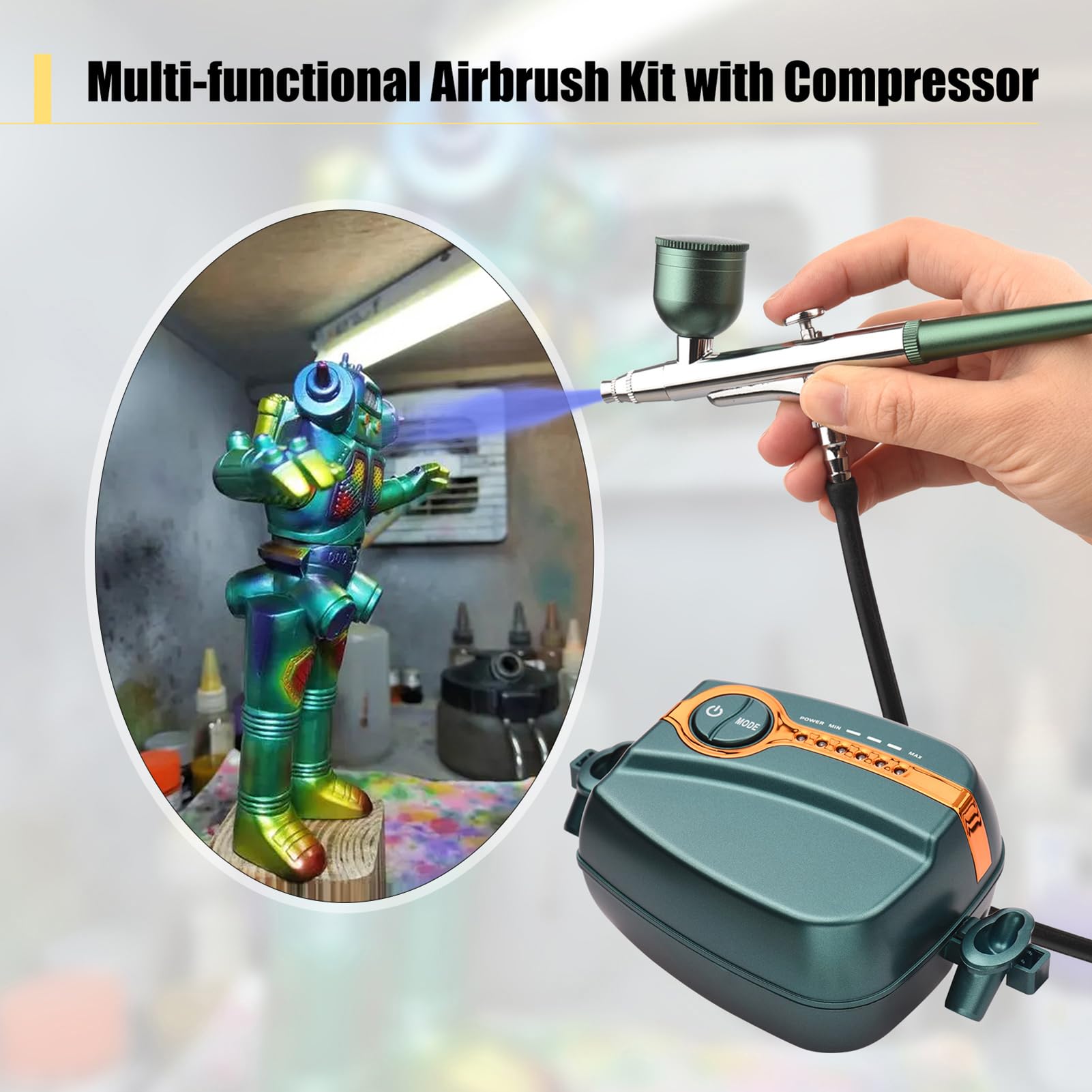Kavolet Kit Aerografo Portatile Doppia Azione 0.4mm 25 PSI | Professionale Airbrush con Compressore 12V con pressione regolabile 5 livelli, per pasticceria, unghie, trucco, modellismo