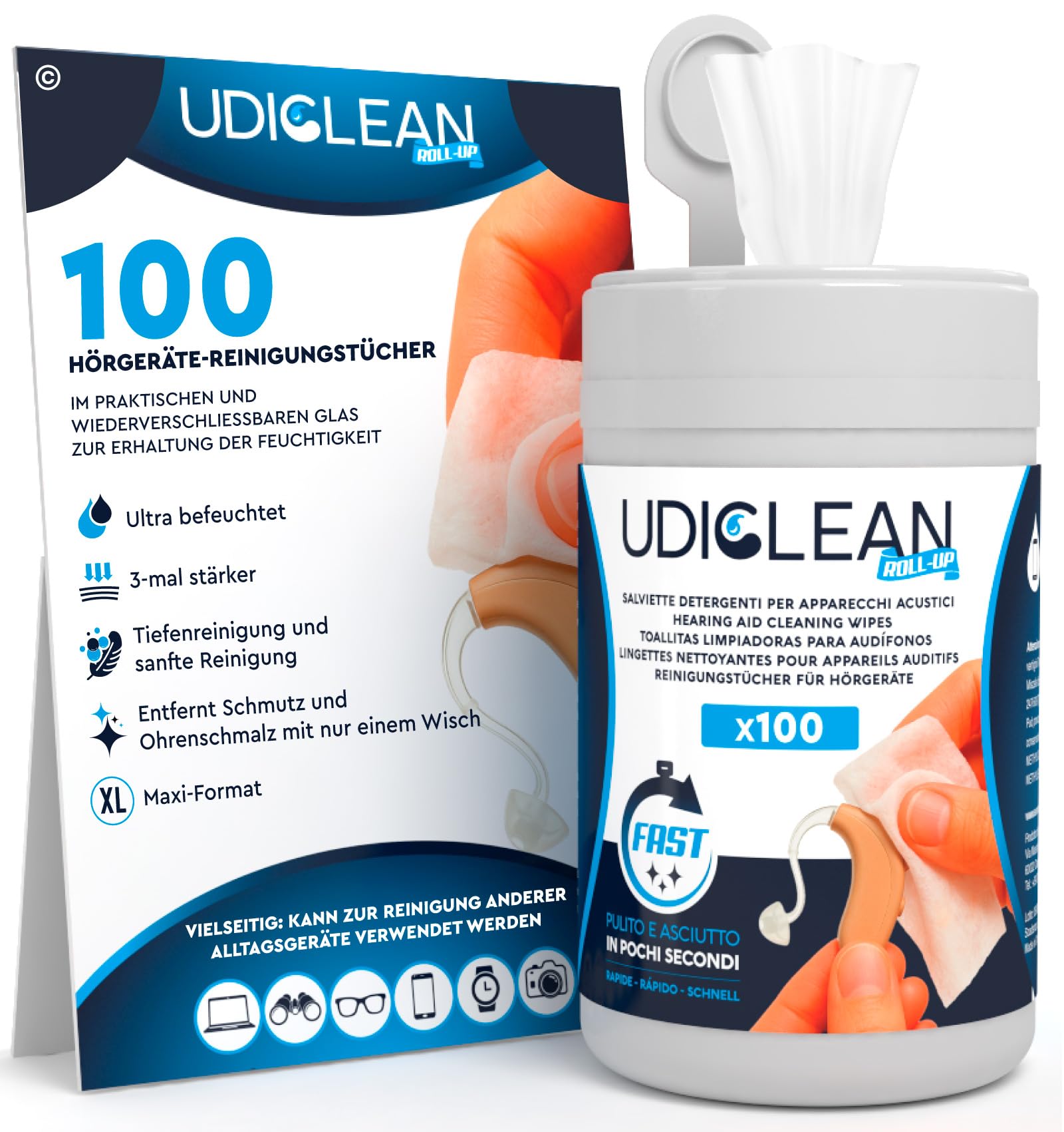 100 Reinigungstücher für Hörgeräte Reinigung Reinigungsmittel Roll-Up Udiclean Wiederverschließbaren Feuchtigkeitssparenden - Spender Maxi Widerstandsfähige Tücher Reinigungsfett Schmutz