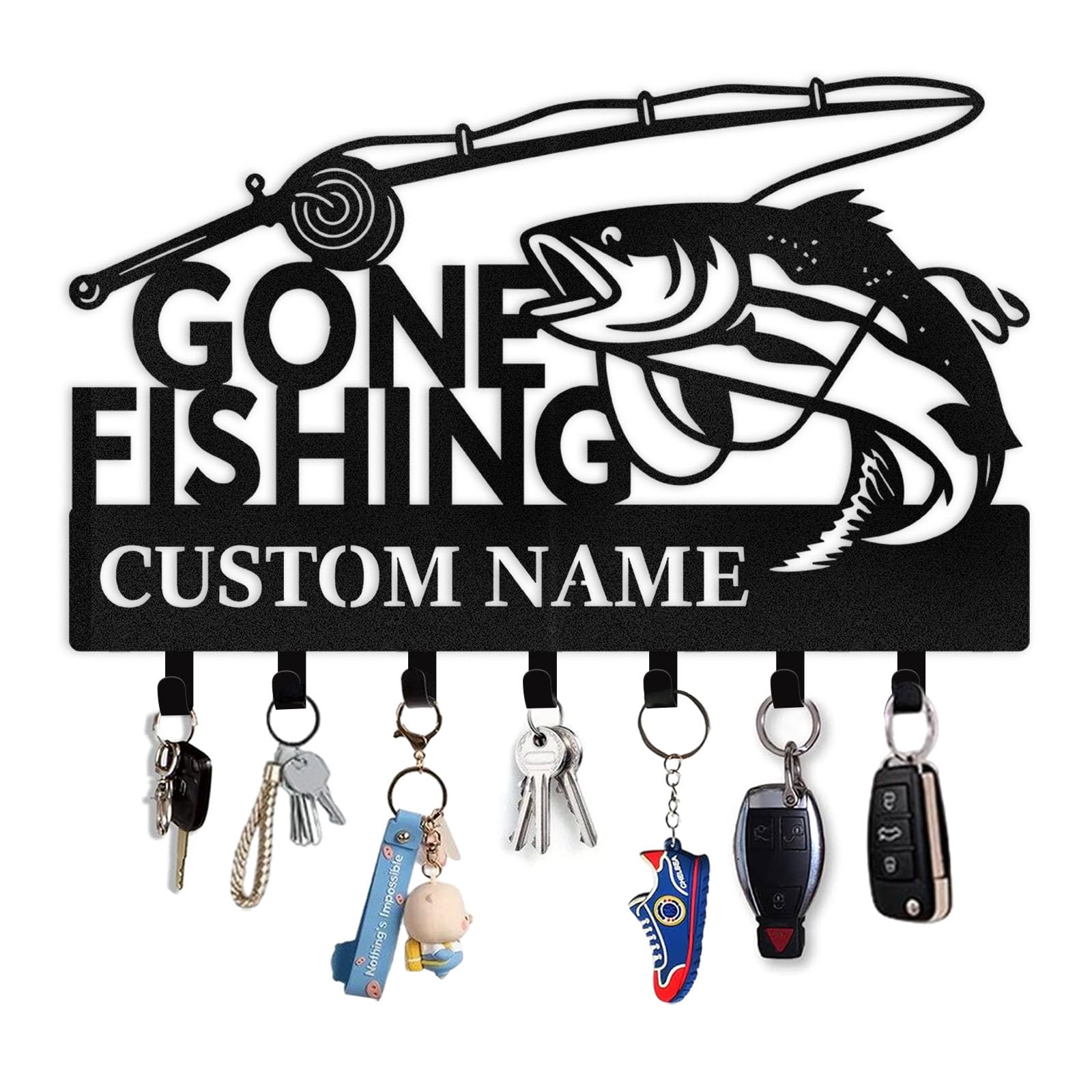 Personalized Fishing Key Holder Wall Mount, Fishing Rod Metal Key Holder for Wall, Custom Name Fish Keys Hanger Gifts for Fisherman Family, Decorative Fishpond Tools Keys Hooks Color02