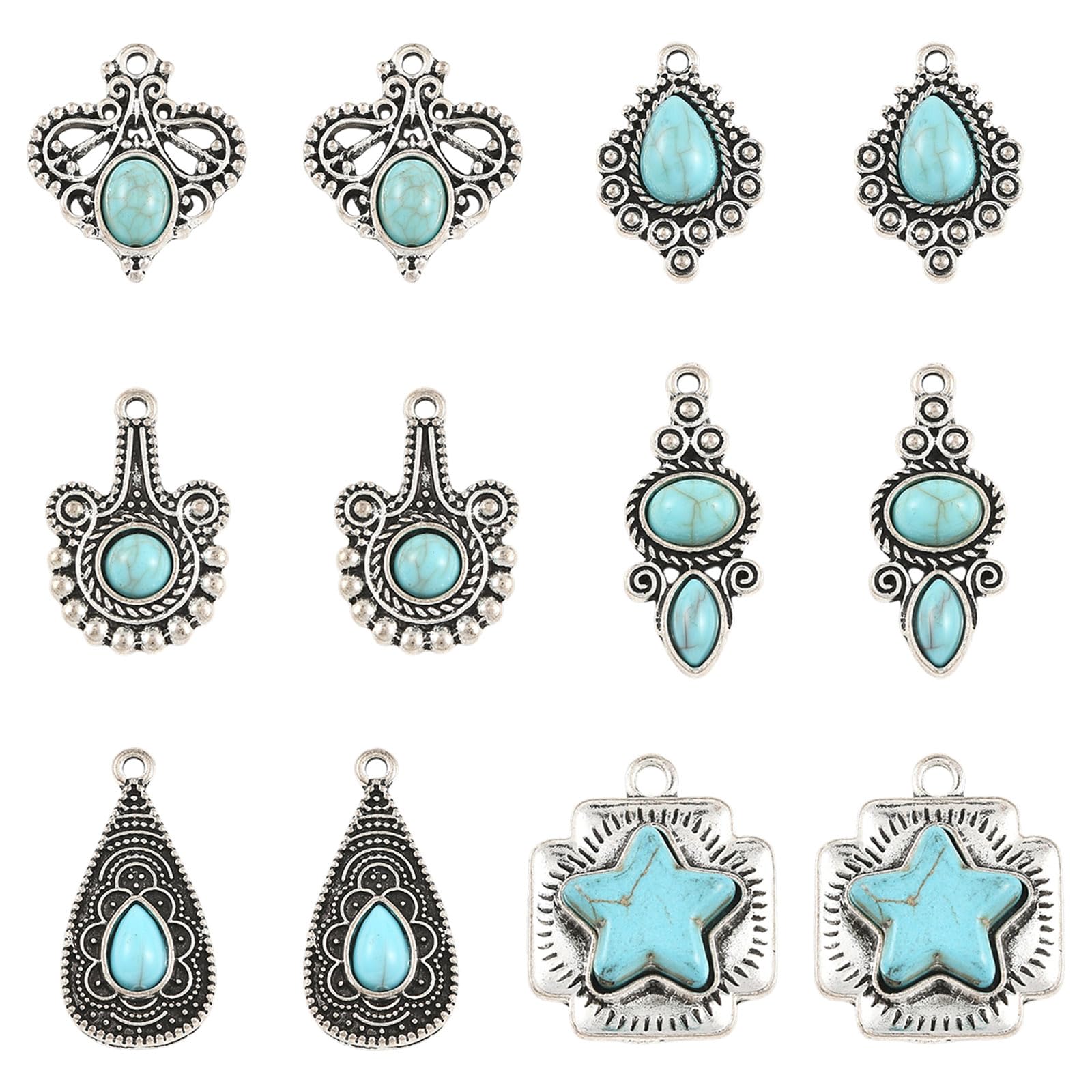 COGCHARGER 12Pcs Western Turquoise Charms for Jewellery Making Assorted Vintage Star Charms Alloy Resin Pendants for Bracelet Necklace Earrings DIY Crafts Maki