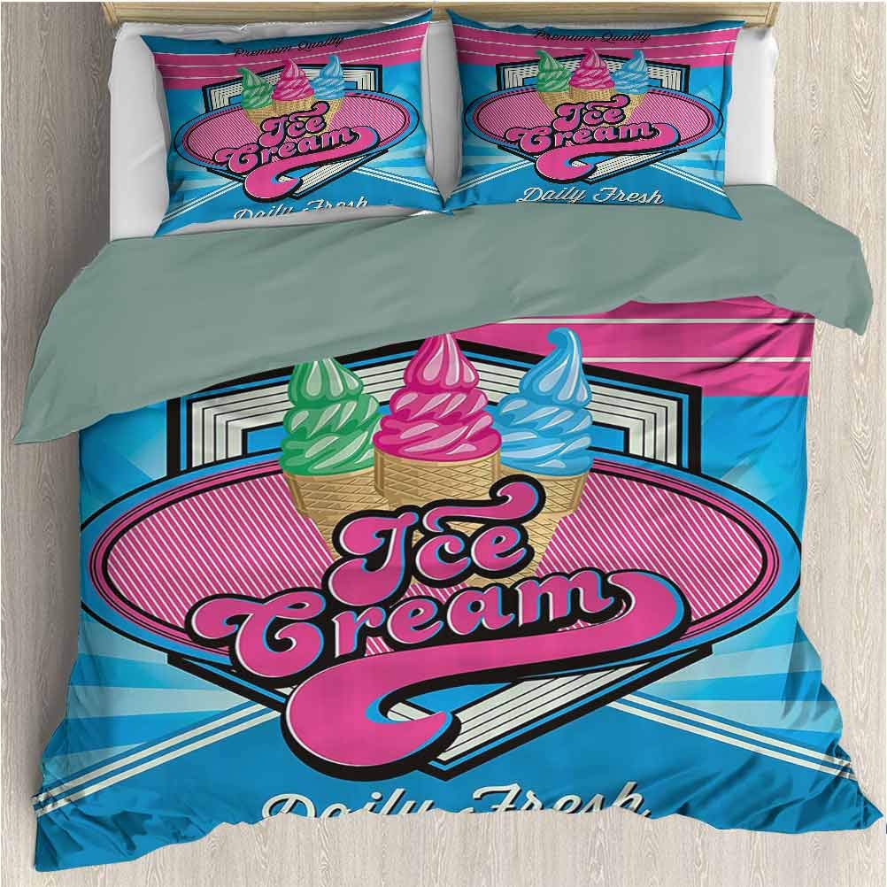 Waynekeysl Vintage Microfiber Duvet Set, Vector Background with Ice Cream Illustration Decorations for Home, Decorative 3 Piece Bedding Set with 2 Pillow Shams, Cal King Size, Blue and Hot Pink