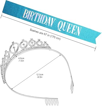 CIEHER Birthday Crown,Birthday Queen Sash & Rhinestone Tiara Kit for Women Girls,Tiaras and Crowns for Women,Blue Queen Crown,Princess Elegant Crown with Combs,Birthday Party Decorations