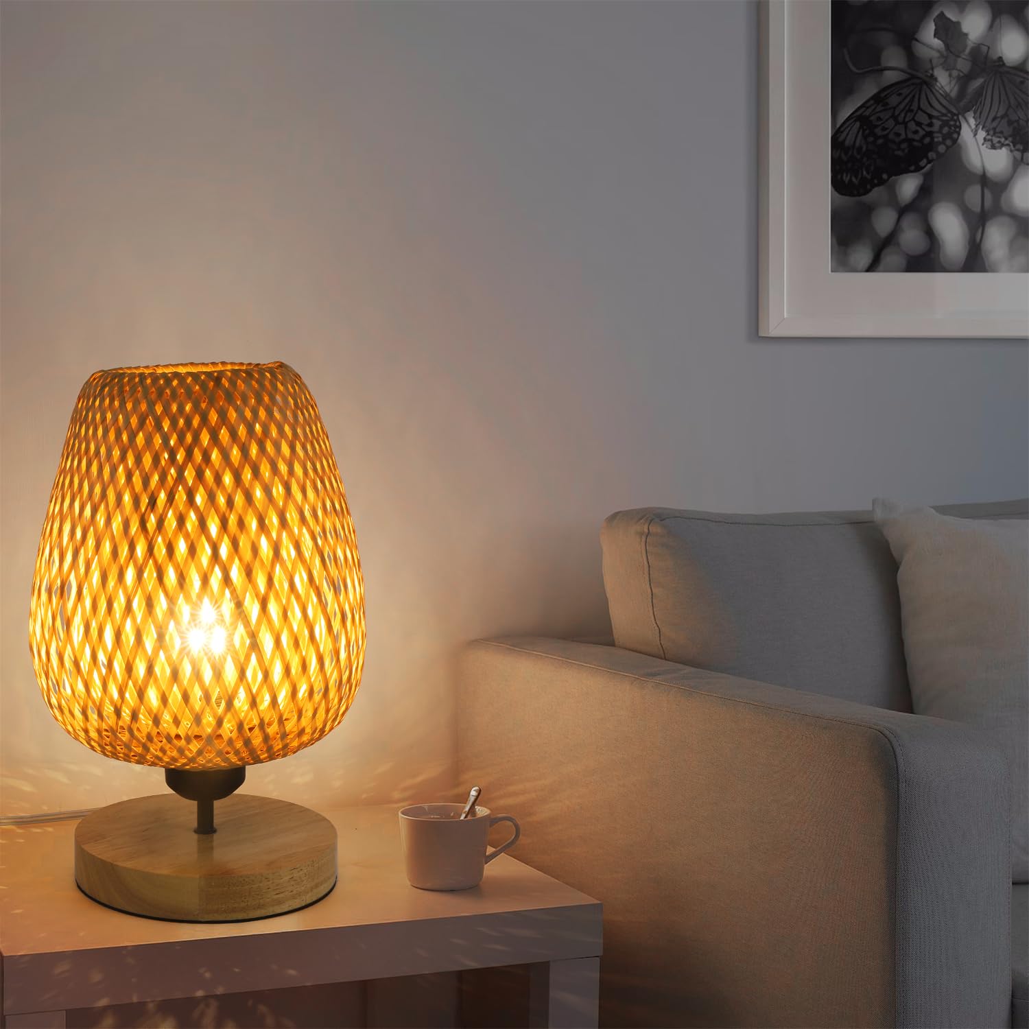 Comely Bambou Tissé Lampe de Table, Lampe de Chevet Abat-Jour en Bambou | Base en Bois Naturel pour Chambres à Coucher, Bureau, Salle à Manger