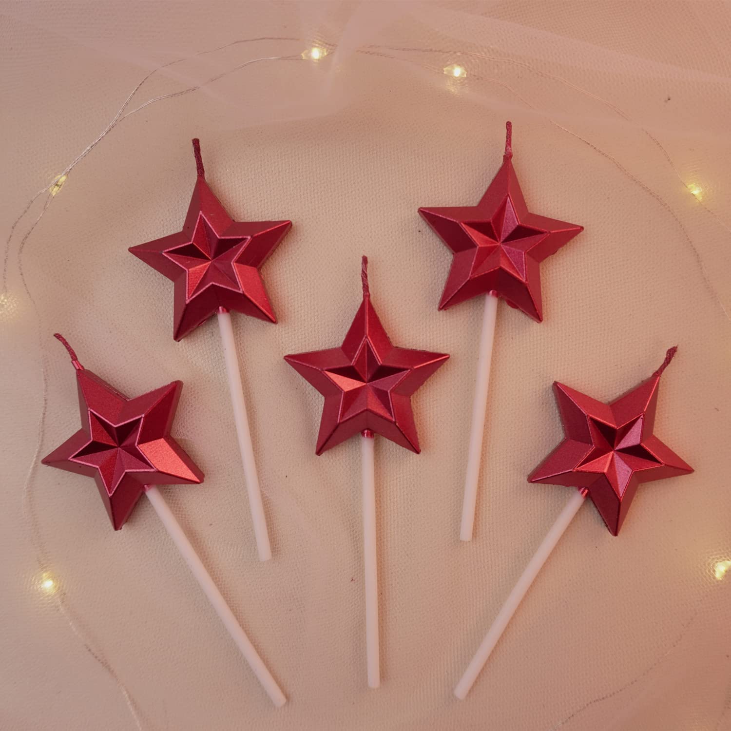 Saododku Birthday Candles, Star Shaped Red Birthday Candles for Cake, 5pcs Metallic Color Stereo Shaping Cake Candles Set, Sparkler Candles for Birthday Cake Party