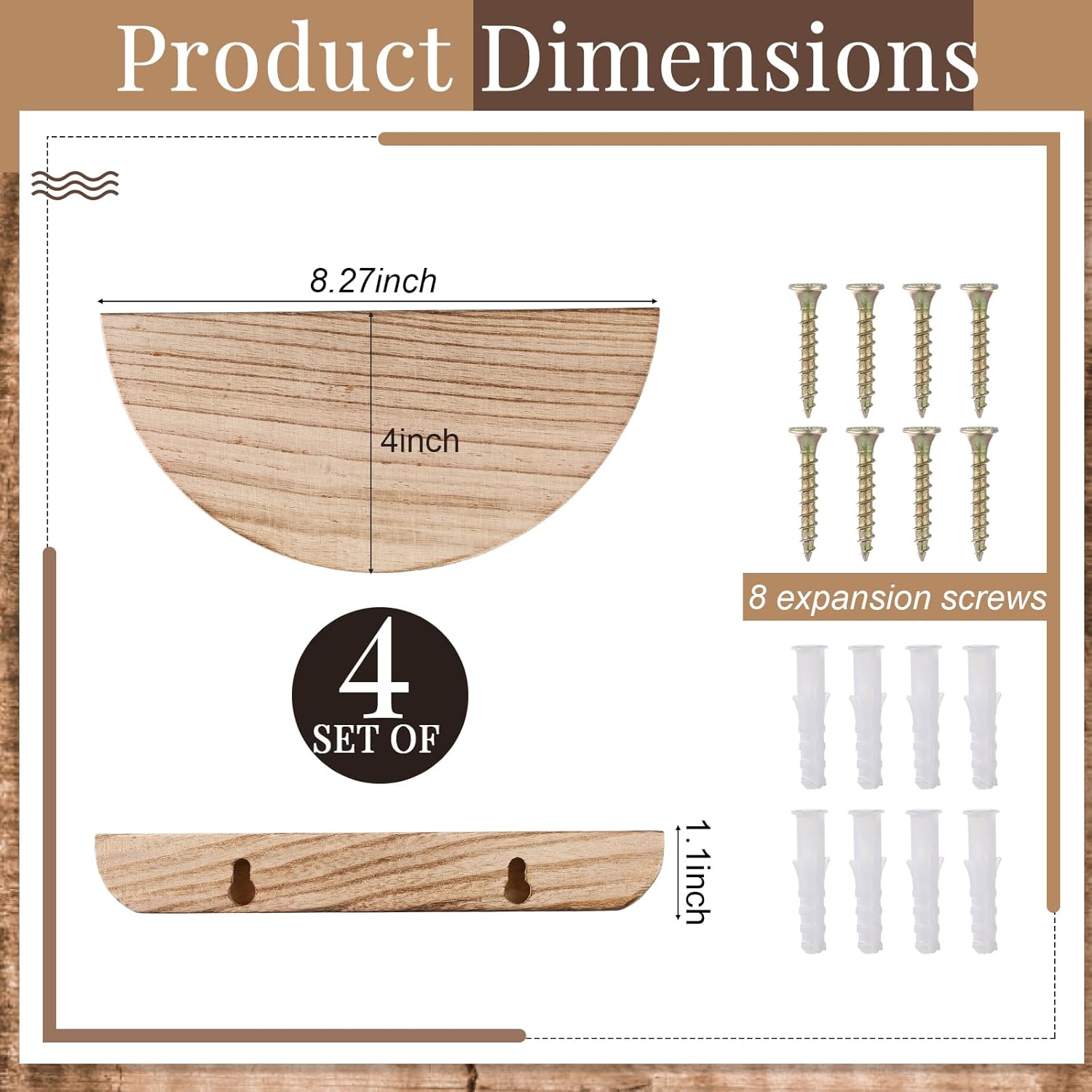 4 Pcs Solid Wood Half Round Floating Wall Shelves, Elegant Floating Wooden Shelves, 8.27 Inch Wall Shelf for Living Room, Bathroom, Bedroom, Offices, Pictures Plant Book(Light Brown)