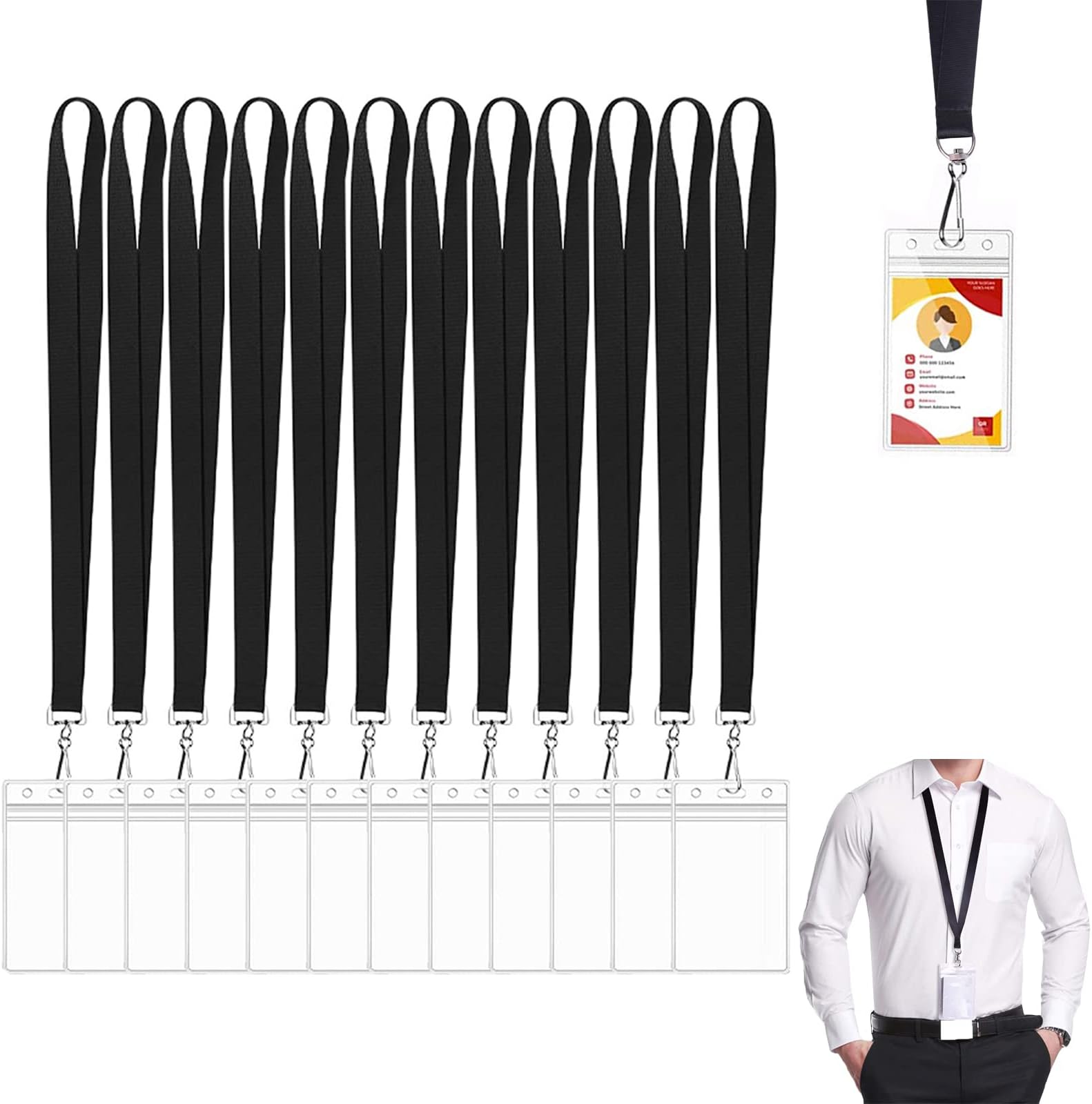 Excefore ID Badge Holders, 12 PCS Clear Card Holder with Breakaway Lanyard, Multi ID Holder with Waterproof Resealable, Name Tag Badge Holder for Nurses, Office and School, Vertical