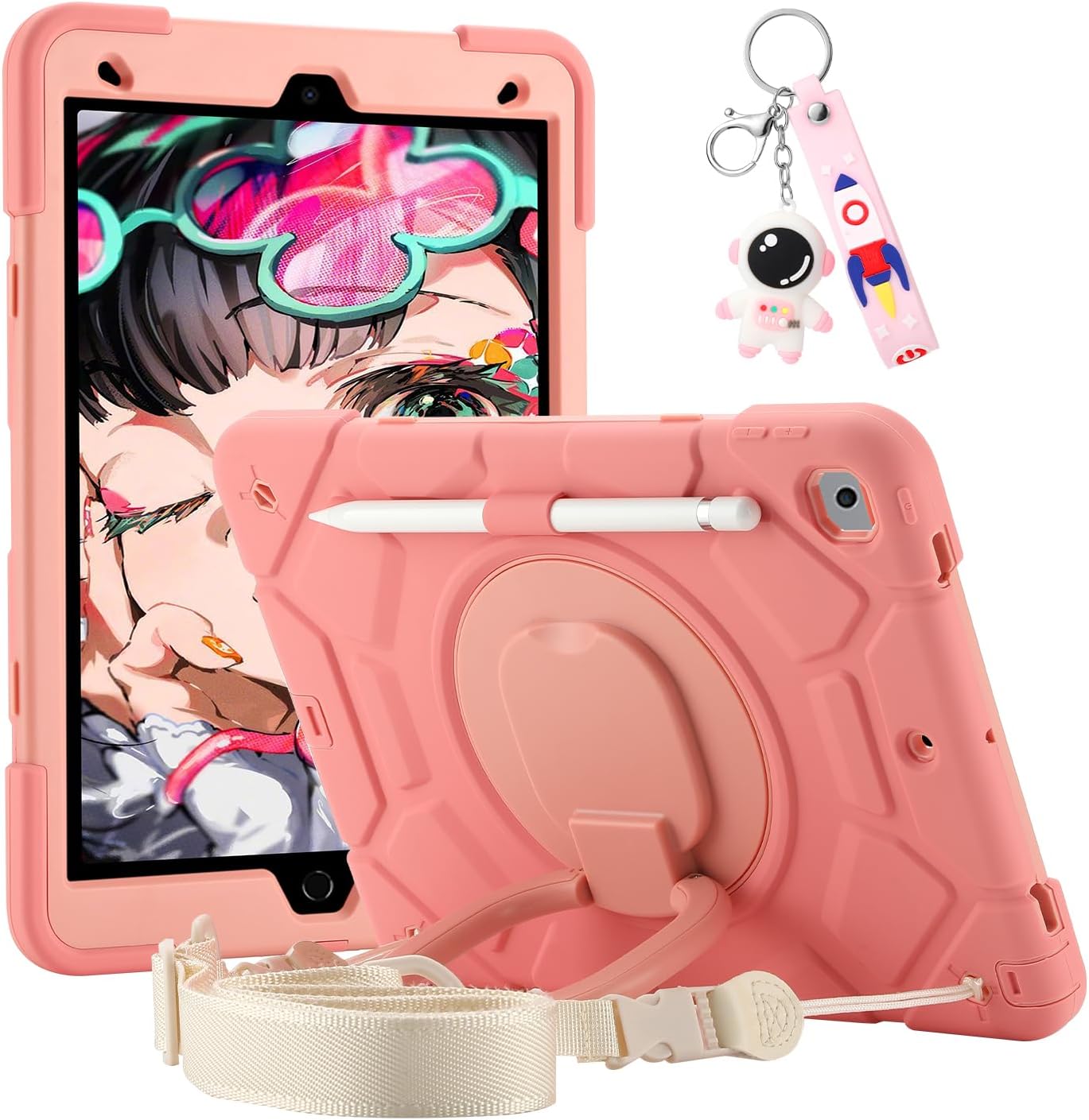 for iPad 9th/8th/7th Generation Case 10.2",Heavy Sturdy Shockproof Kids Cover with Rotating Stand/Pencil Holder/Shoulder Strap for iPad 10.2 Case 2021/2020/2019 Girls (Pink)