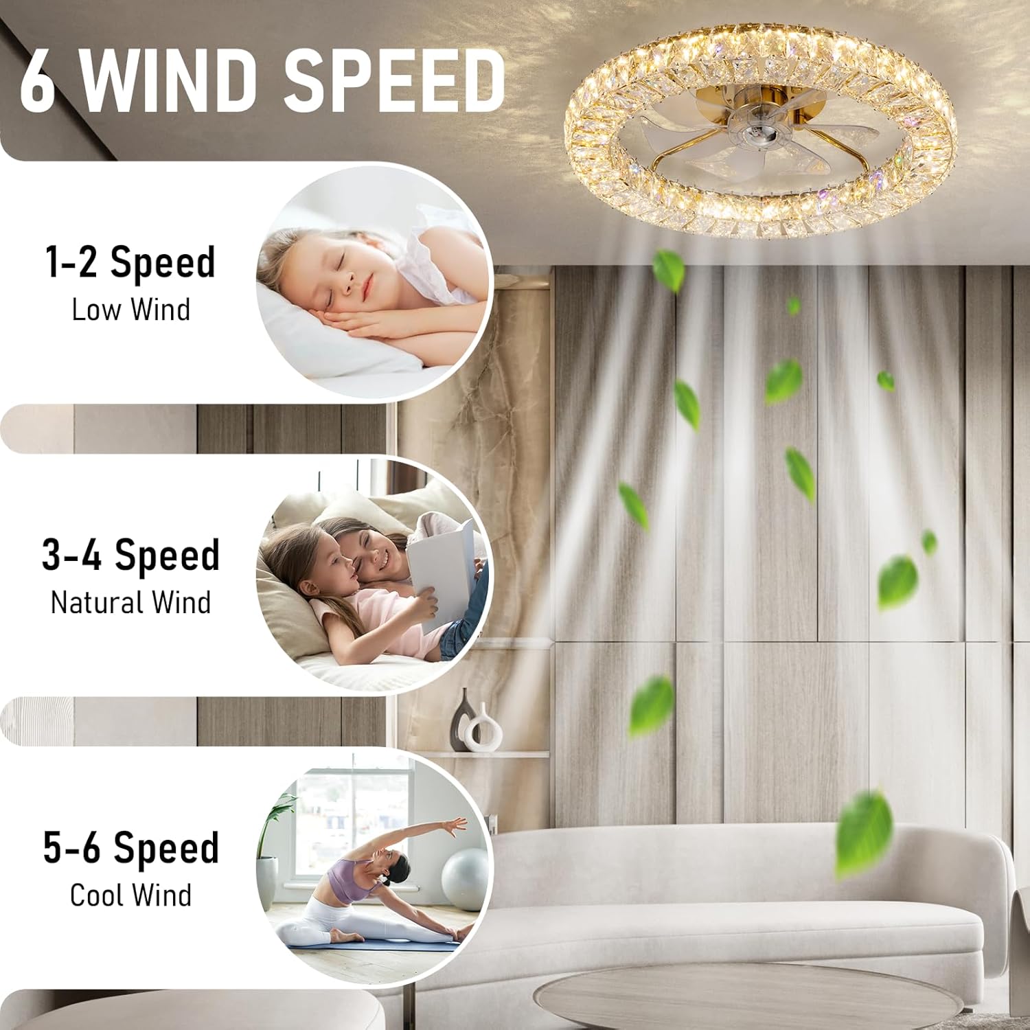 RGB Ceiling Fans with Lights, 22" Low Profile Ceiling Fan with Light for Bedroom,Smart Bladeless LED Fan Light,Gold Modern Chandelier Crystal Ceiling Fan Light with Remote/APP Control