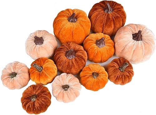 Lvydec Juego de calabazas de terciopelo para decoración de cosecha, 12 calabazas de tela naranja de varios tamaños para decoración de mesa,