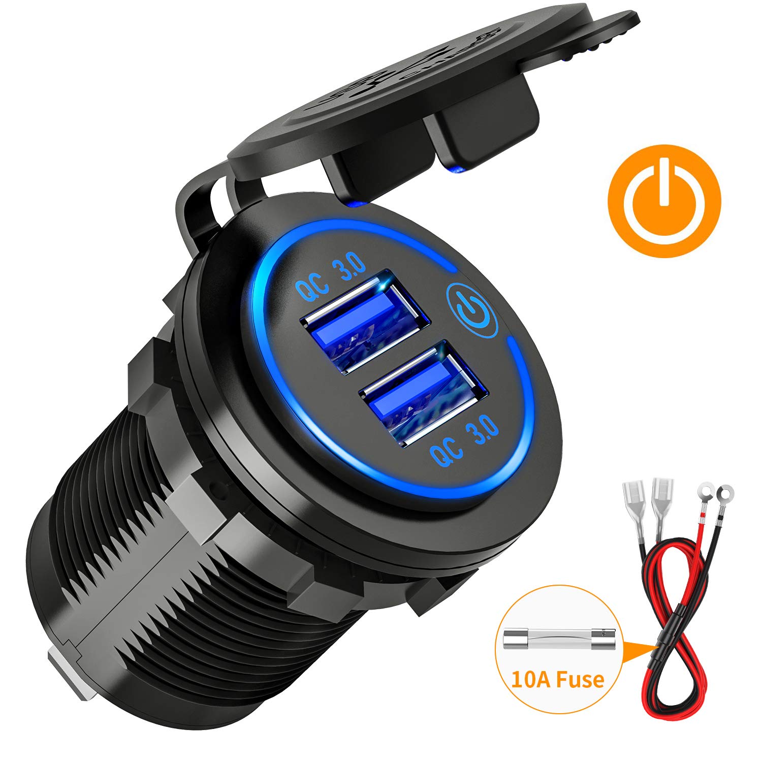 [2 Pack] Quick Charge 3.0 Car Charger with Switch, ADSDIA 12V/24V 36W Waterproof Dual QC3.0 USB Fast Charger Socket Power Outlet for Marine, RV, Boat, Motorcycle, Truck, Golf Cart and More