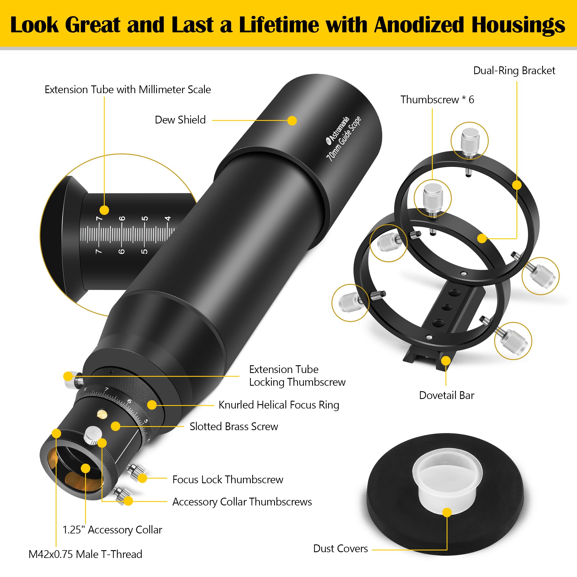 Astromania Alcance guía mejorado de 70 mm FMC con enfoque helicoidal doble, kit de guía de buscador de lujo compatible con ocular de 1.25 pulgadas para telescopio de astronomía y cámara de guía