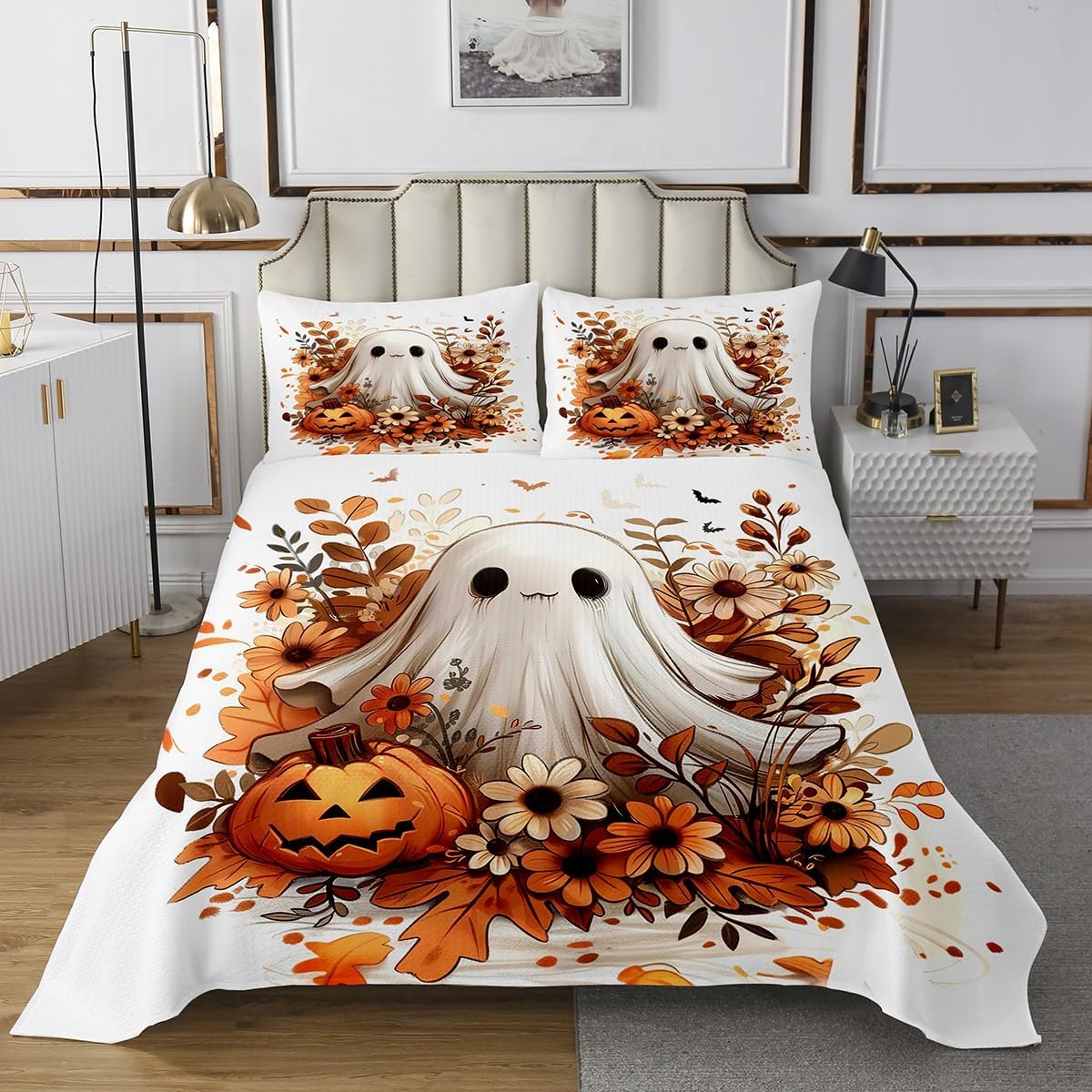 Halloween Fall Flowers Bedspread King,Pumpkin Lantern Quilted Coverlet 3pcs for Adults Teens Room Decor,Kawaii Ghost Soft Breathable Bedding Quilt