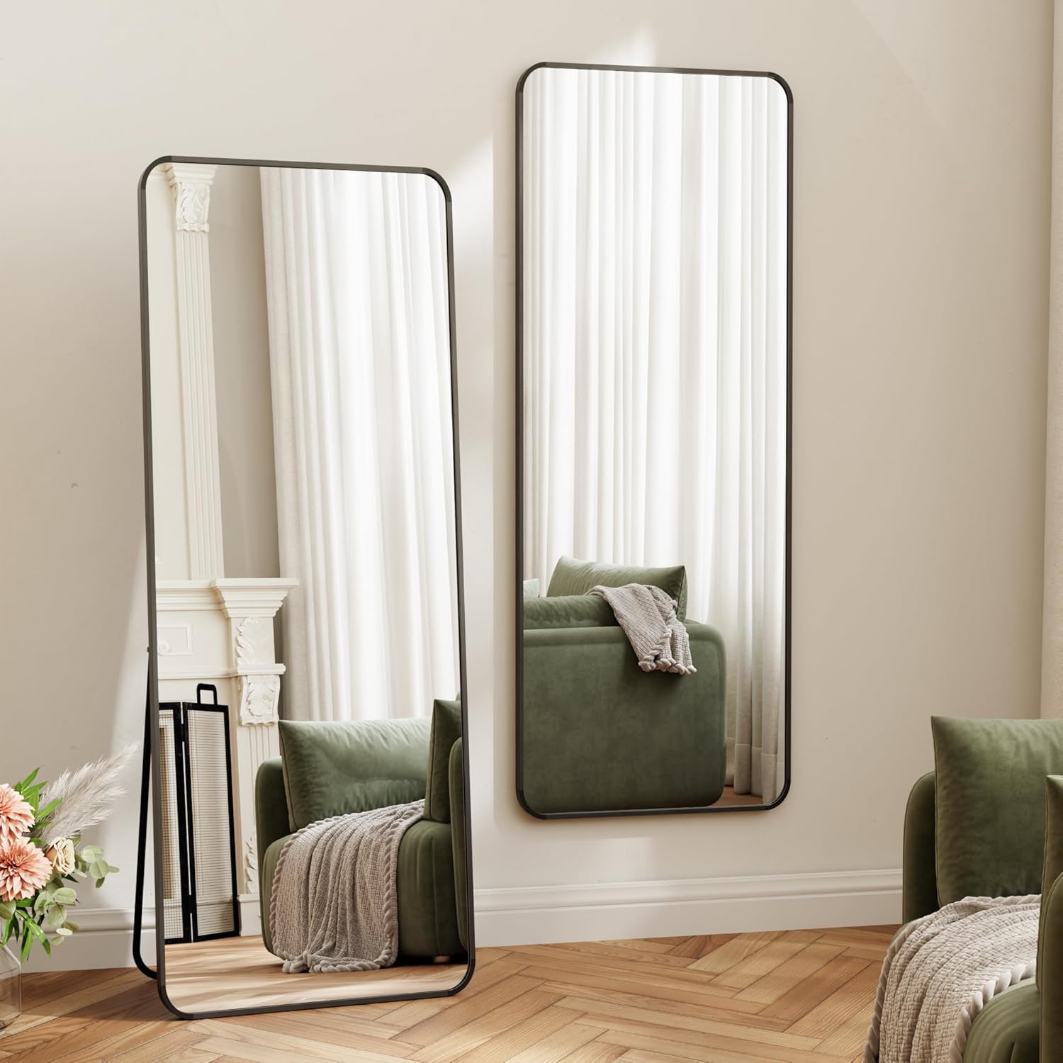 56" x 21" Full Length Mirror with Stand, Full Body Mirror Standing Floor Mirrors for Bedroom, Living Room, Entryway with Rounded Corner Aluminum Frame - Standing, Leaning, Hanging, Black