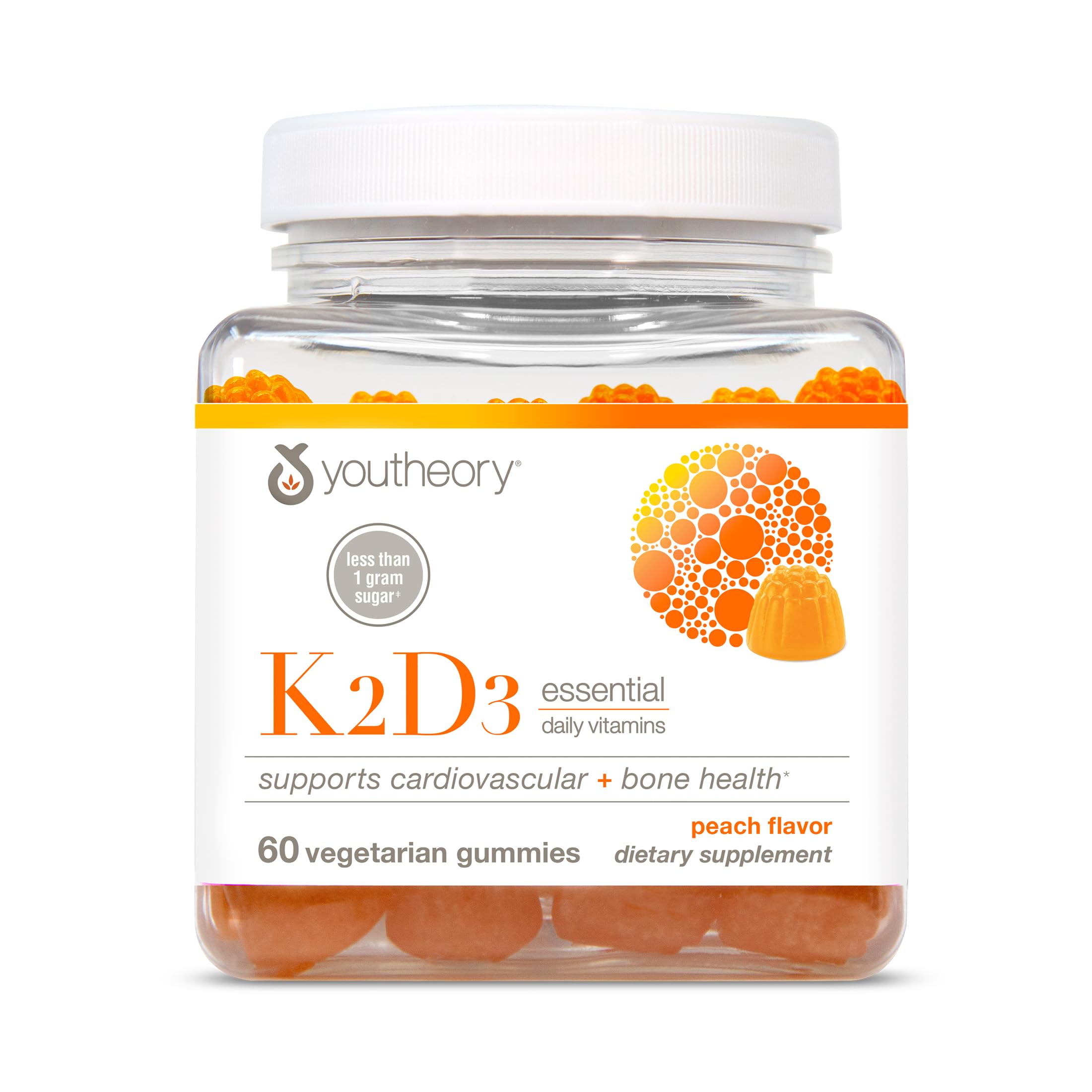 Youtheory K2D3 - Bone & Heart Health Support* - Combines Vitamin D3 & Vitamin K2 - Dairy, Soy & Gluten Free - Peach, 60 Vegetarian Gummies