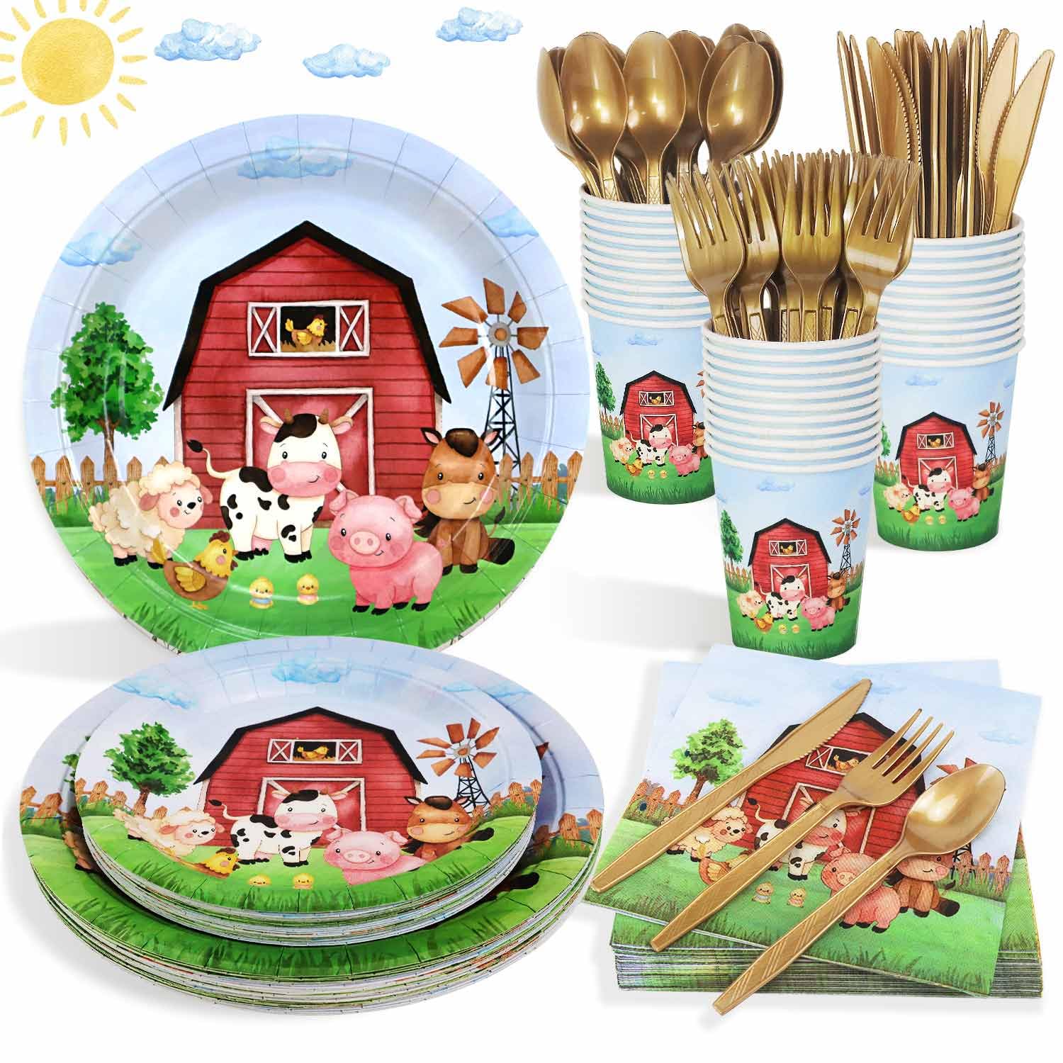 175 Pcs Farm Birthday Decorations Plates Set 25 Guests, Farm Animals Theme Baby Shower Watercolor Paper Plates Napkins Cups Cutlery Set Party Supplies