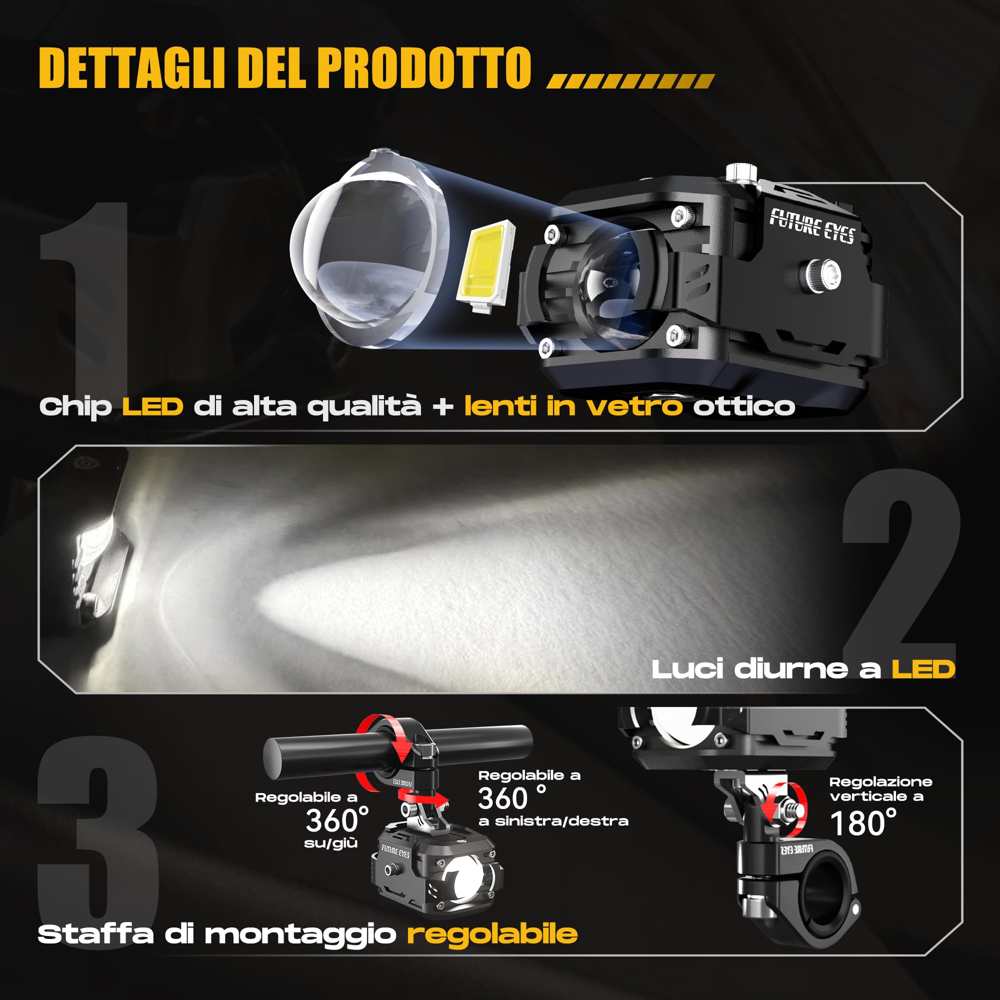 Future Eyes Fari Fendinebbia Moto LED, Luci Ausiliarie Regolabili a 360°, Impermeabili IP67, Luci Fuoristrada per Guida Notturna, Abbaglianti e Anabbaglianti Ambra/Bianco, Compatibili con ATV e UTV