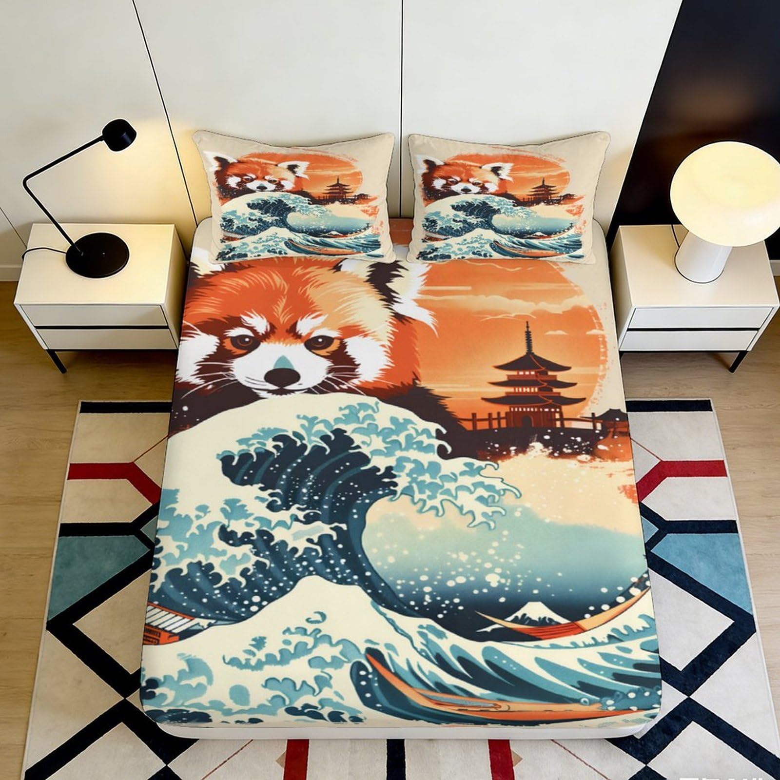 3D Printed Ukiyo-e Wave Panda Fitted Sheet Microfiber Deep Pocket Bedroom Bedding Ukiyo-e Mattress Fitted Cover Washable 200x200x25cm