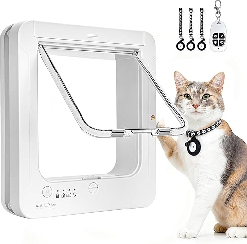 Puerta inteligente para gatos para interior y exterior, puerta de gato con microchip para mascotas con 3 llaves de sensor de collar y 1 control