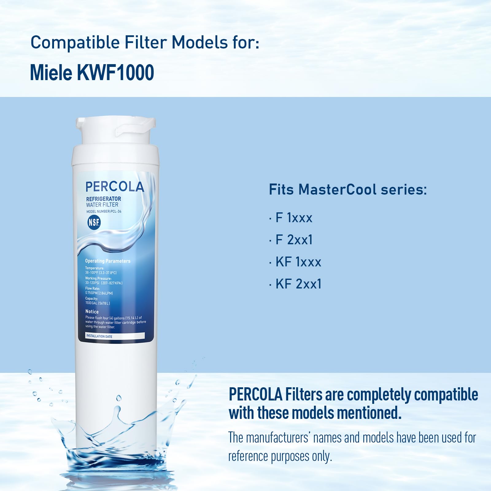 Filtro de agua KWF1000, certificado NSF 42 y 372, paquete de 3 | Filtro de agua transparente intensivo Miele 11513640 KWF1000 para electrodomésticos Master Cool con máquina de hielo