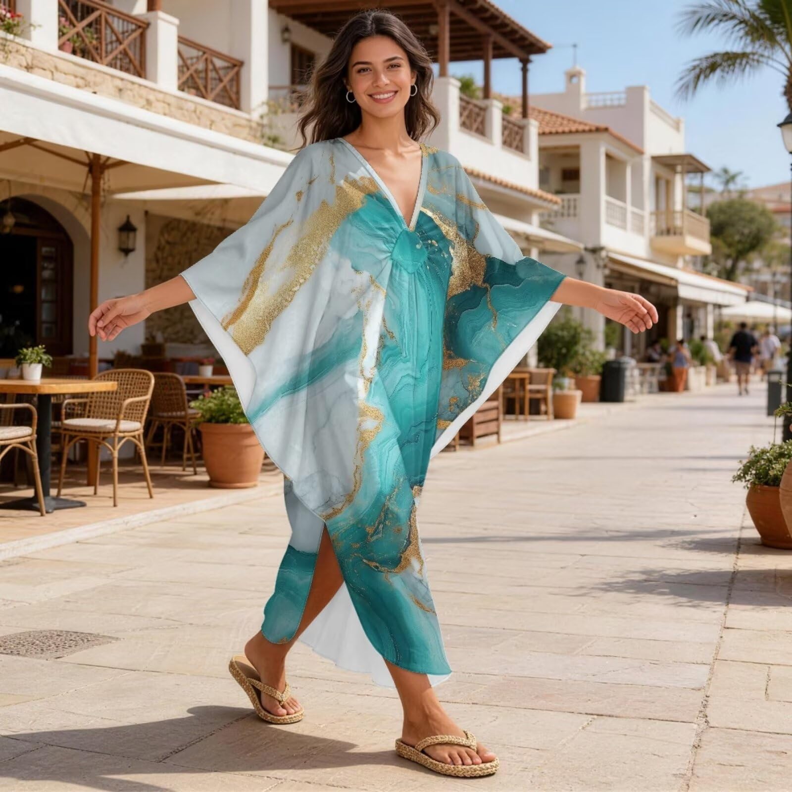 Xoenoiee Damska sukienka plażowa typu kaftan plus size dekolt w serek rękaw nietoperz strój kąpielowy okrycie zwiewna sukienka kaftan