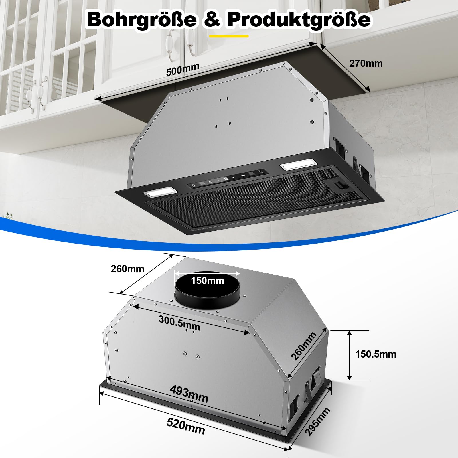 Einbau Dunstabzugshaube 52cm 750m³/h Abluft/Umluft Schwarz Gestensteuerung Touch 3 Leistungsstufen Booster Aktivkohlefilter