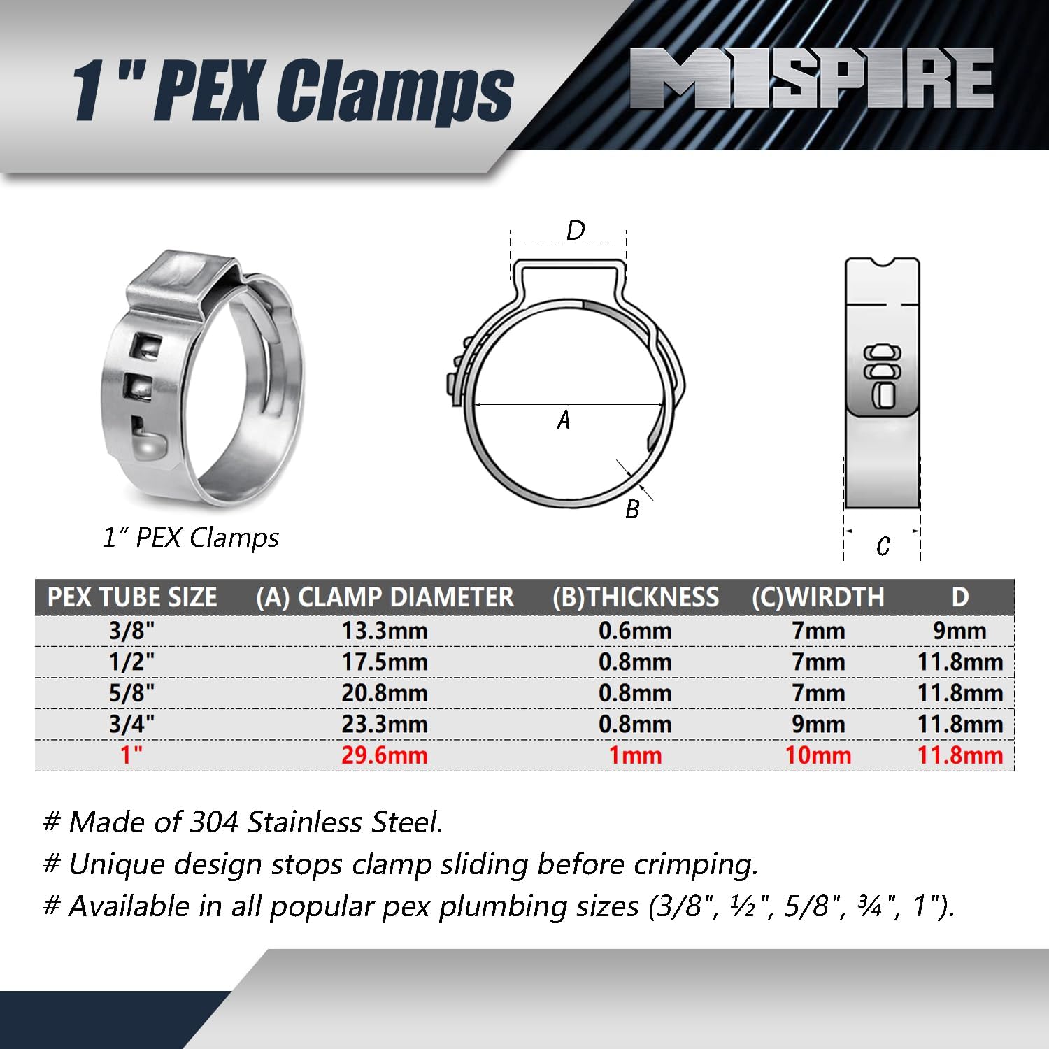 1 inch PEX Pipe Clamps 100 PCS, PEX Cinch Clamps Stainless Steel 304 Pinch Clamps for PEX Pipe Tubing Fitting Connections