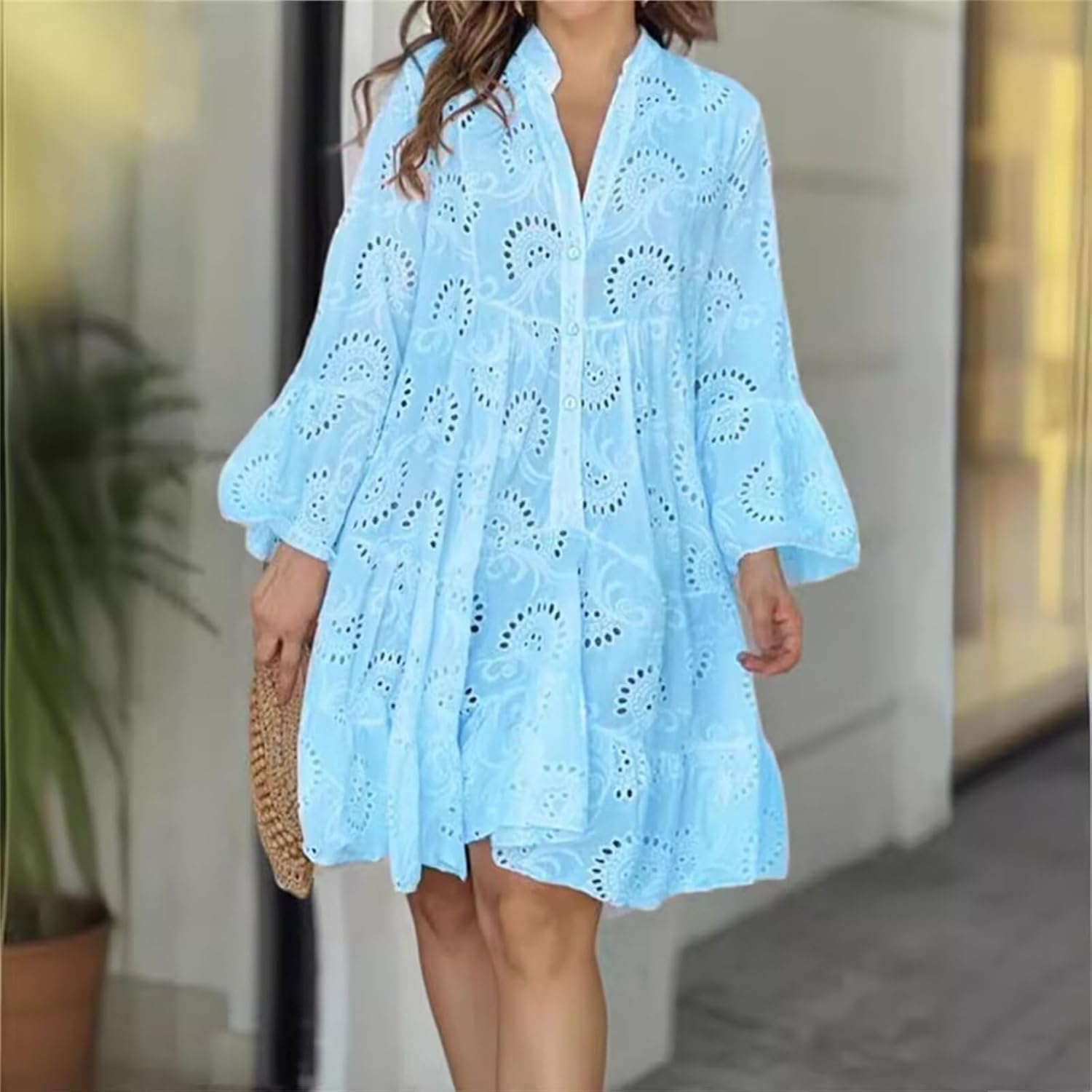 Womens Spring Casual Bohemian Cut Up Dresses V Neck Long Sleeve Sundresses Flowy Swing A-Line Vacation Mini Dress