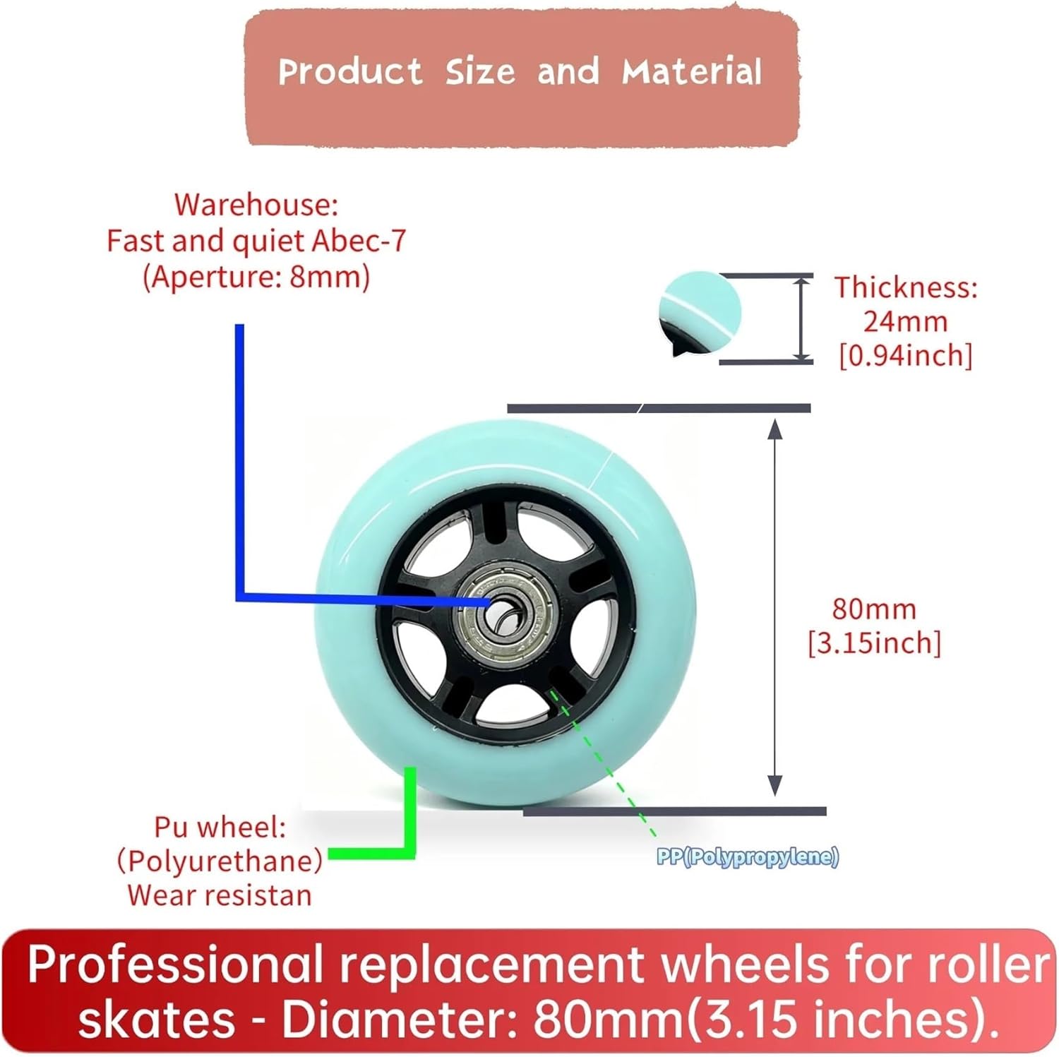 Inline Skate Wheels 8-Piece Replacement PU Wheels 80mm Diameter - Abec-7 608 Bearings, 12 Color Options for Skates, Scooters & Luggage(White-black)