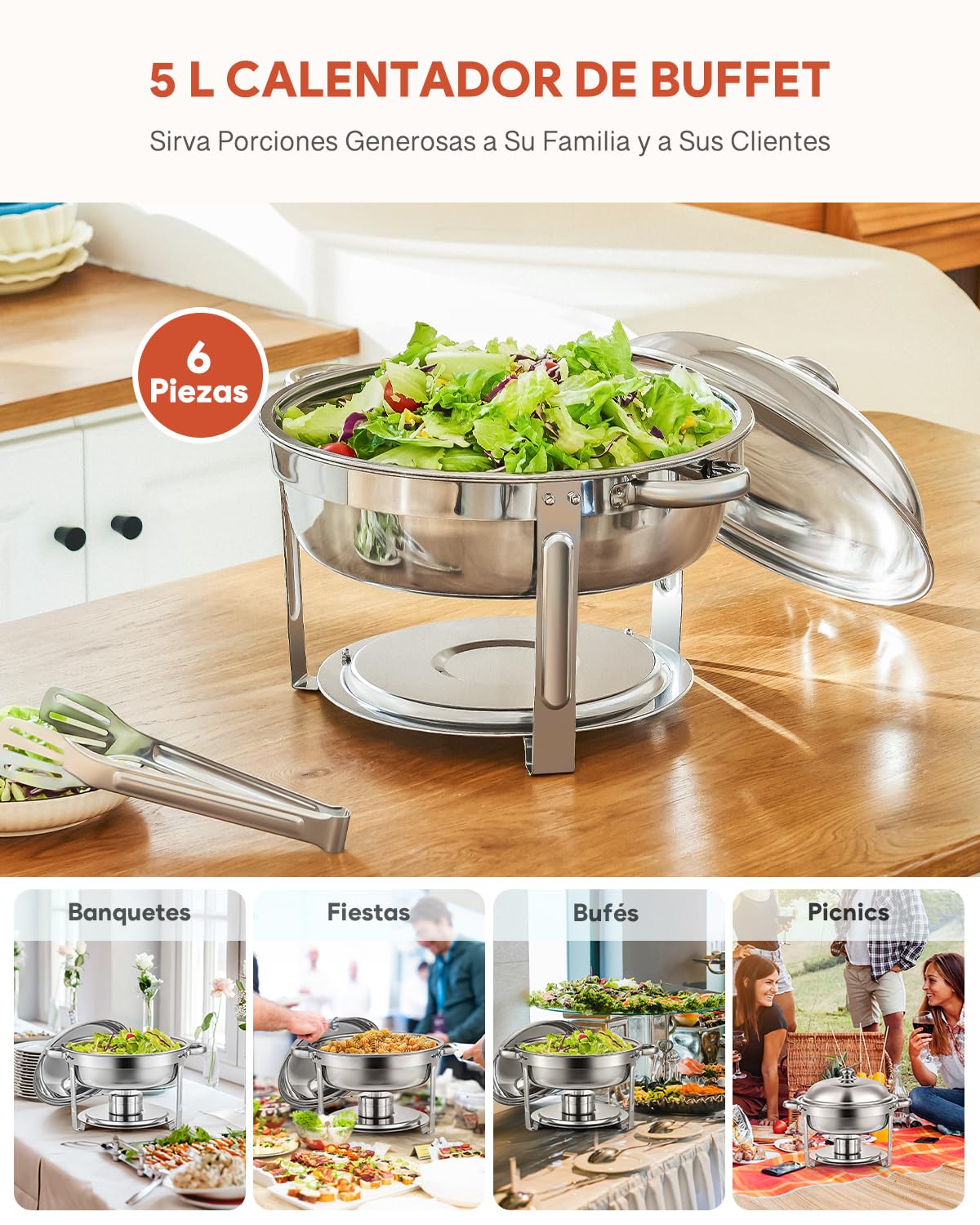 Wilprep Juego de 6 Calentadores de Comida para Buffet Redondos, Acero Inoxidable 5L con Bandeja de Calefacción y Tapa, Chafing Dish para Restaurantes, Catering, Fiestas, Bodas y Picnics (6PCS)