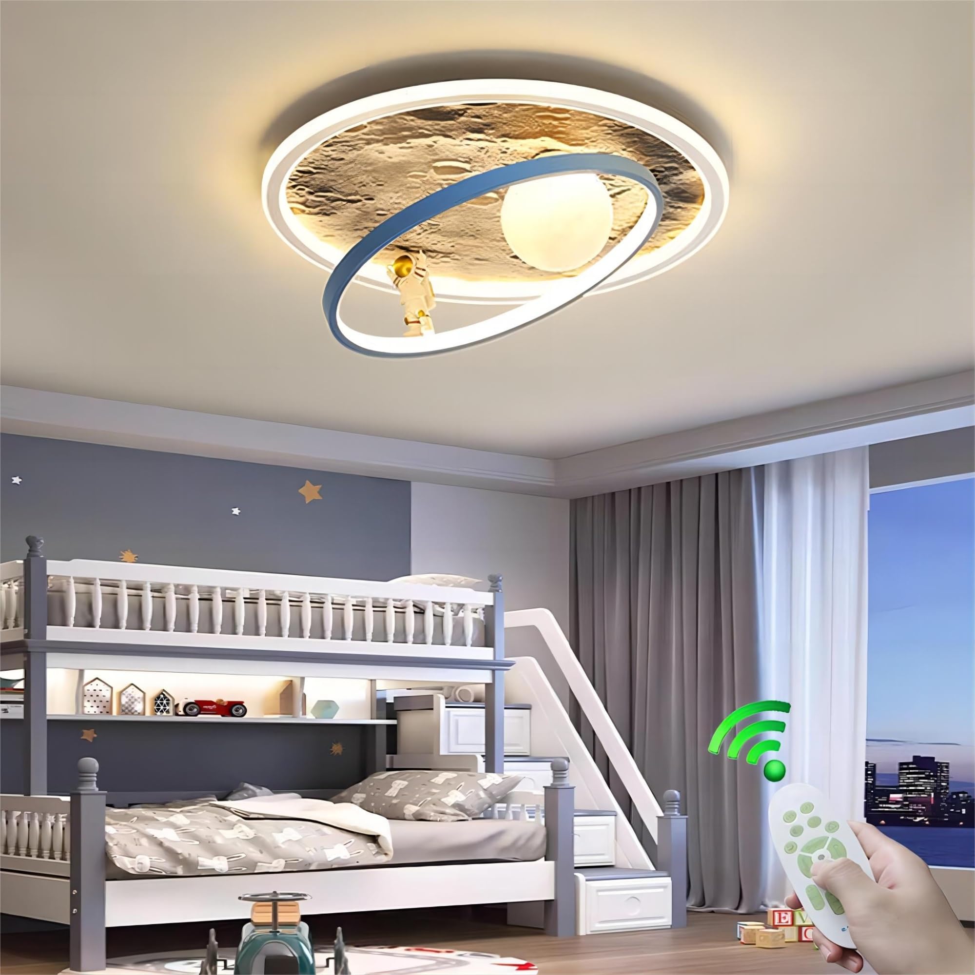 RuiRfh Ceiling lamp LED children's room lamp dimmable bedroom blue ceiling Light creative and chic with remote control modern eye protection Lighting cartoon style glass lampshade living room library