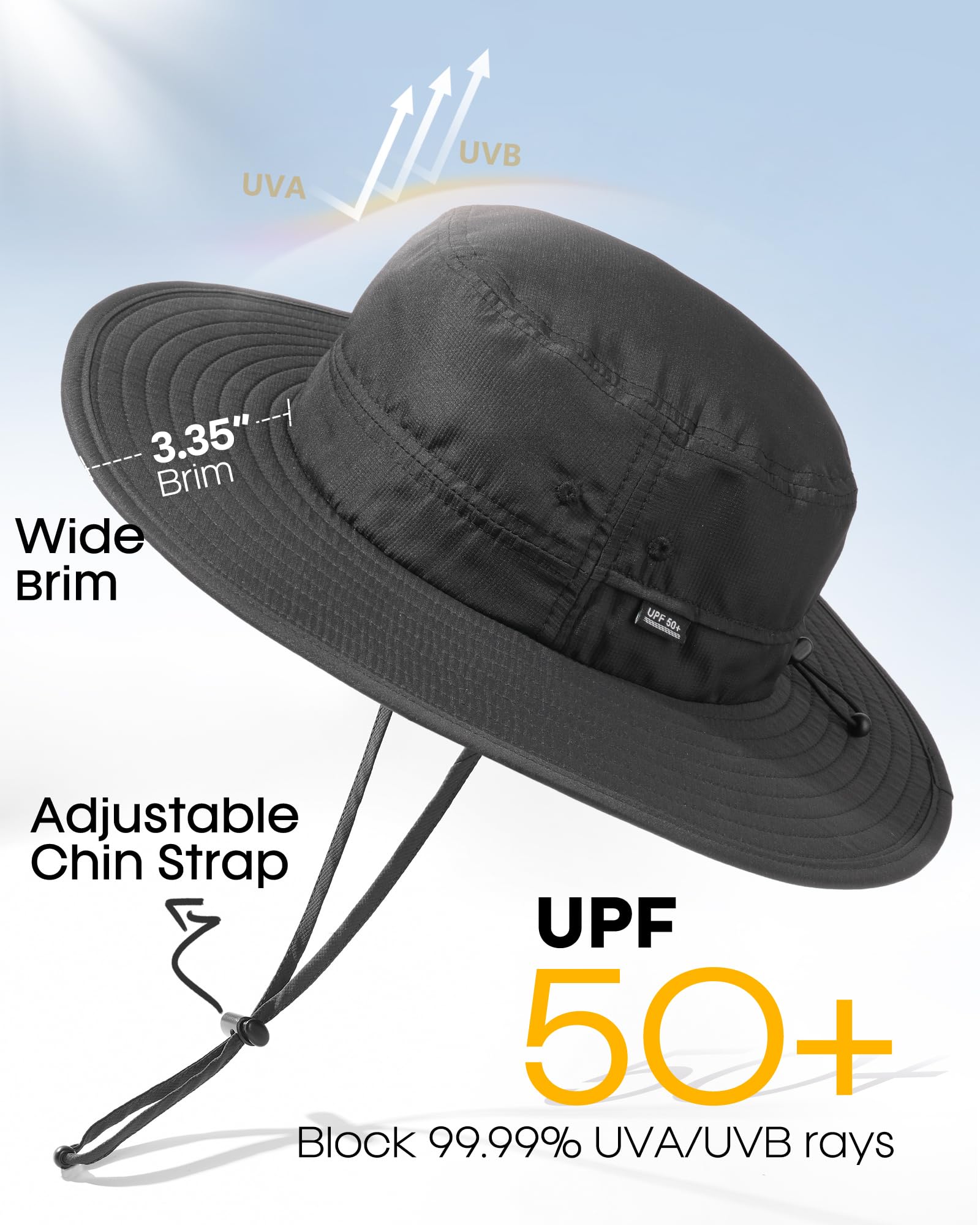 FURTALK Sun Hats for Men Women Packable Wide Brim Summer UV Protective Bucket Hat UPF 50+ Hat for Fishing Hiking Black
