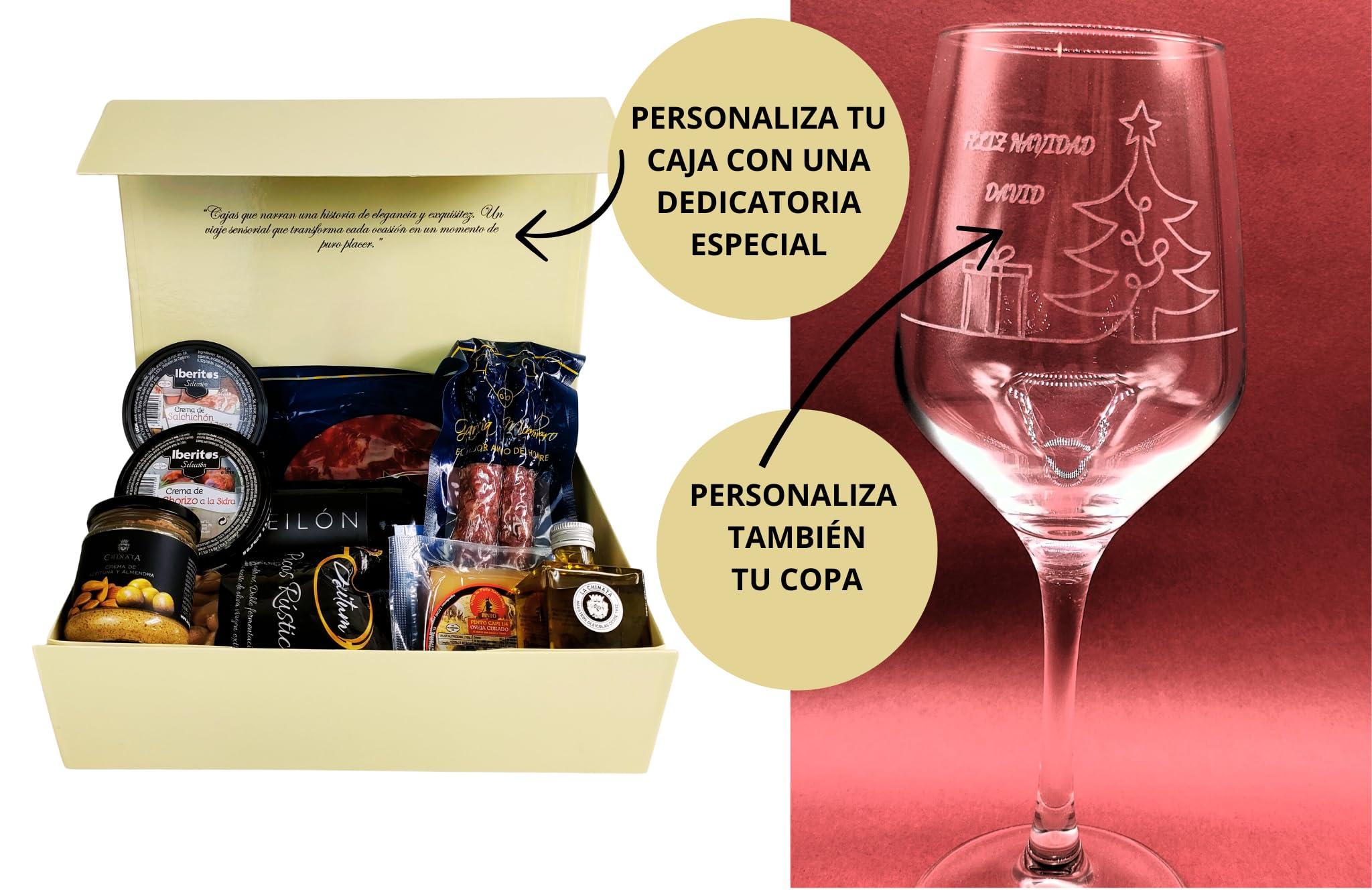 DON GOURMET, Cesta Gourmet para Regalar, Copas de vino personalizadas, Cesta Navidad, lote embutidos ibéricos, aceite de oliva, patés, pack ibéricos. Regalo de cumpleaños, Regalo casados. (1 COPA)