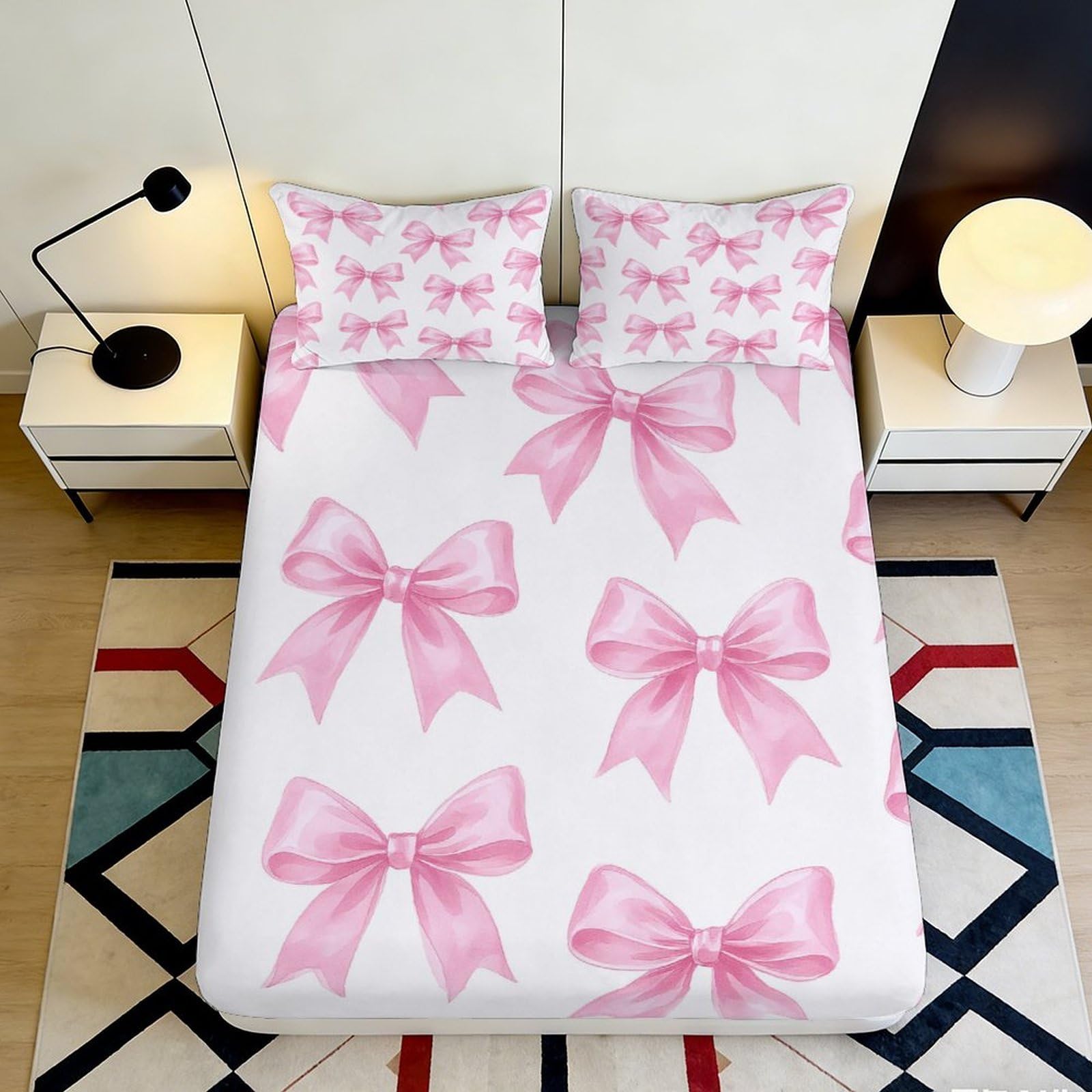 Dhbaneiok Style-1 3D Printed Pink Bow Fitted Sheet Microfiber Soft Anti-Slip Decorative Ribbon Pattern Mattress Cover For Bedroom Guest Room 90X200x25cm