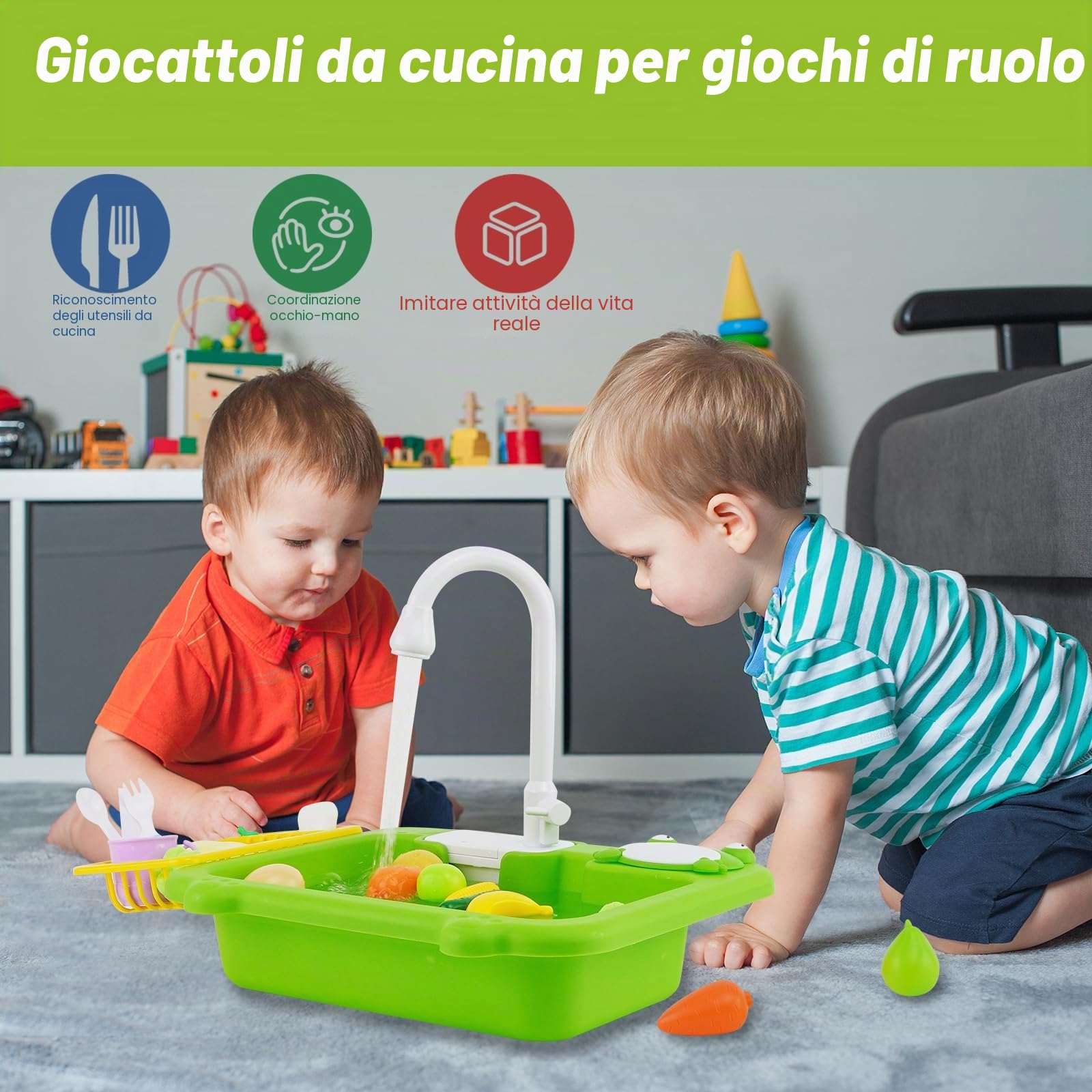Lavello da cucina giocattolo con acqua corrente, giocattolo da cucina per bambini con acqua riciclata rubinetto e lavandino, regalo per ragazze e ragazzi bambini dai 3+