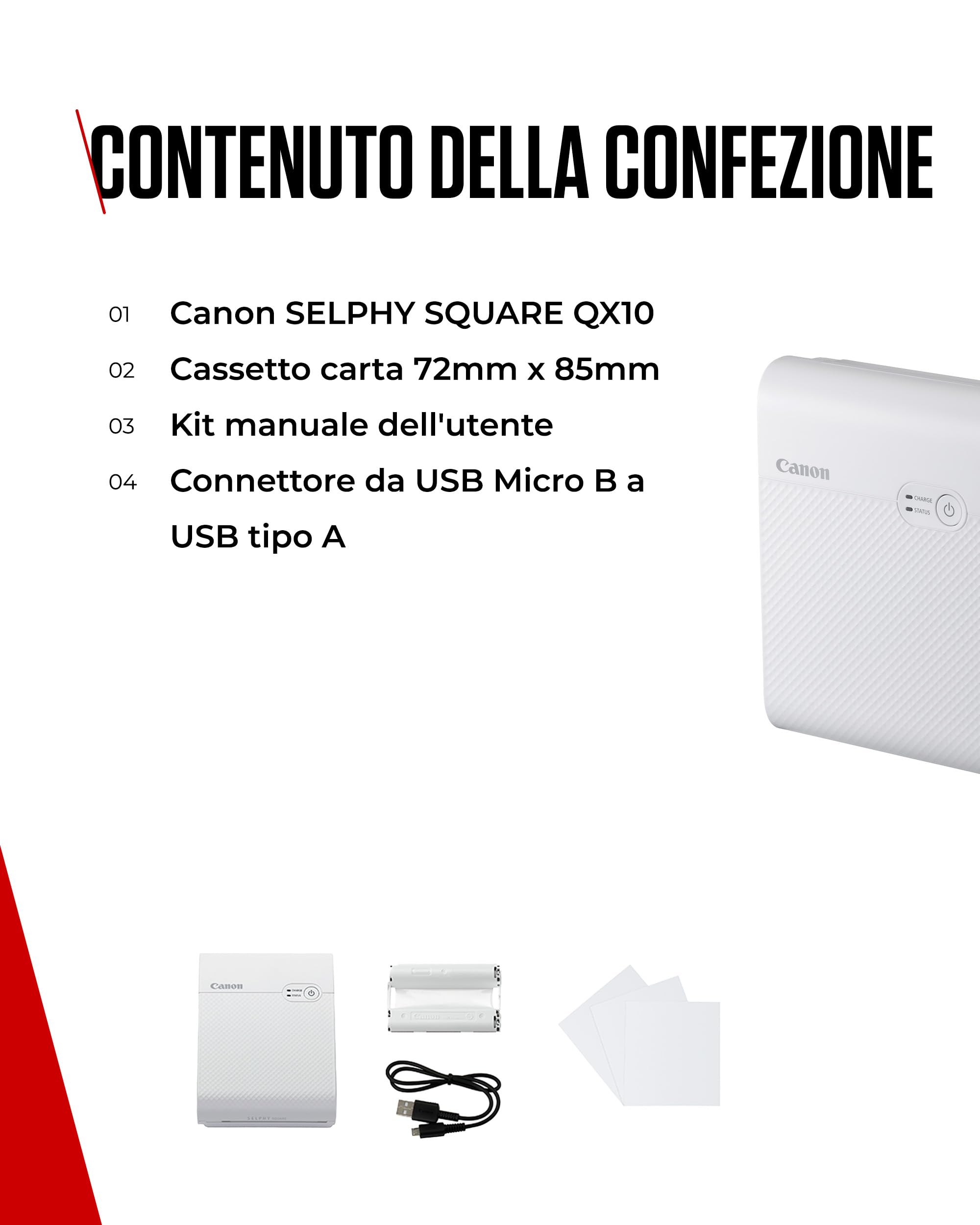 Canon SELPHY SQUARE QX10 Stampante Fotografica Portatile Wi-Fi - Stampe di Alta Qualità, Modalità Creative - Mini Stampante Portatile per Scrapbook e Album Fotografici, Bianco