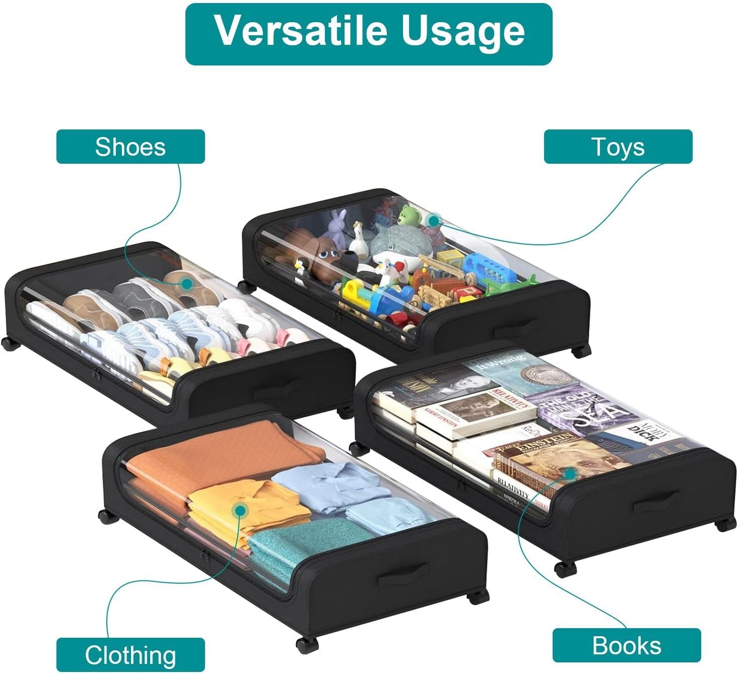 2 Pack Under Bed Storage Containers with Wheels - 42L Clear Lid Rolling Organizer Bins 31.5x17.3x6.7 Inch - 66lb Capacity for Clothes Shoes Blankets Lockable Wheels