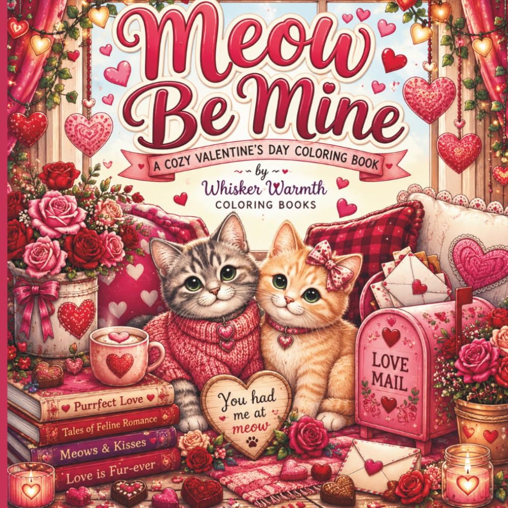 Meow Be Mine: 30 Cozy & Cute Coloring Pages of Adorable Cats, Hearts, Roses, Sweet Treats, and Romantic Valentine's Scenes (Whisker Warmth: Cats Holiday Collection)