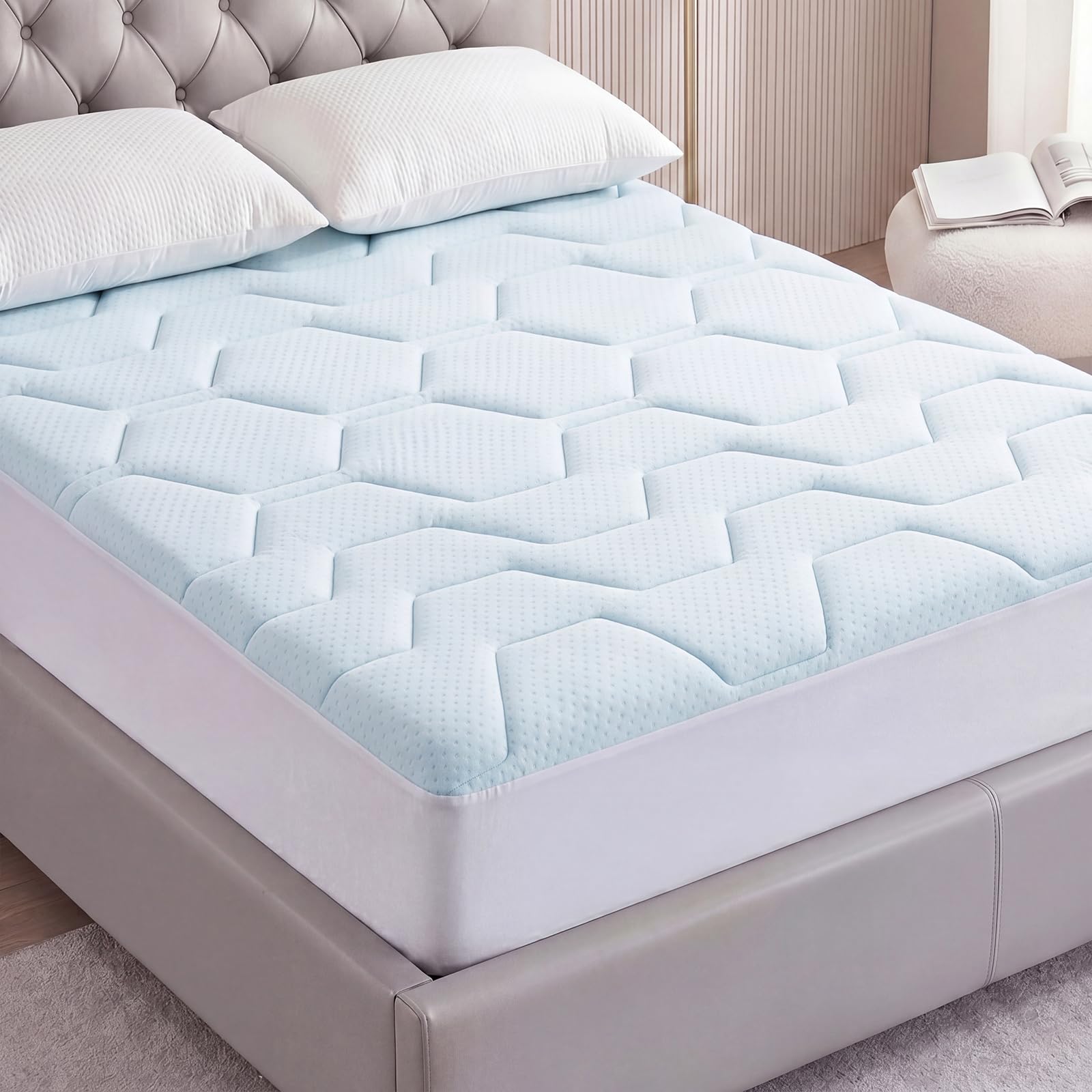Panana Double Mattress Protector, 3cm Thick 4FT6 Cooling Bed Topper 21" Deep Pocket,Machine Washable, Pressure Relieving,135 x 190 x 3CM (White/Blue, 135 x 190cm Deep Pocket)